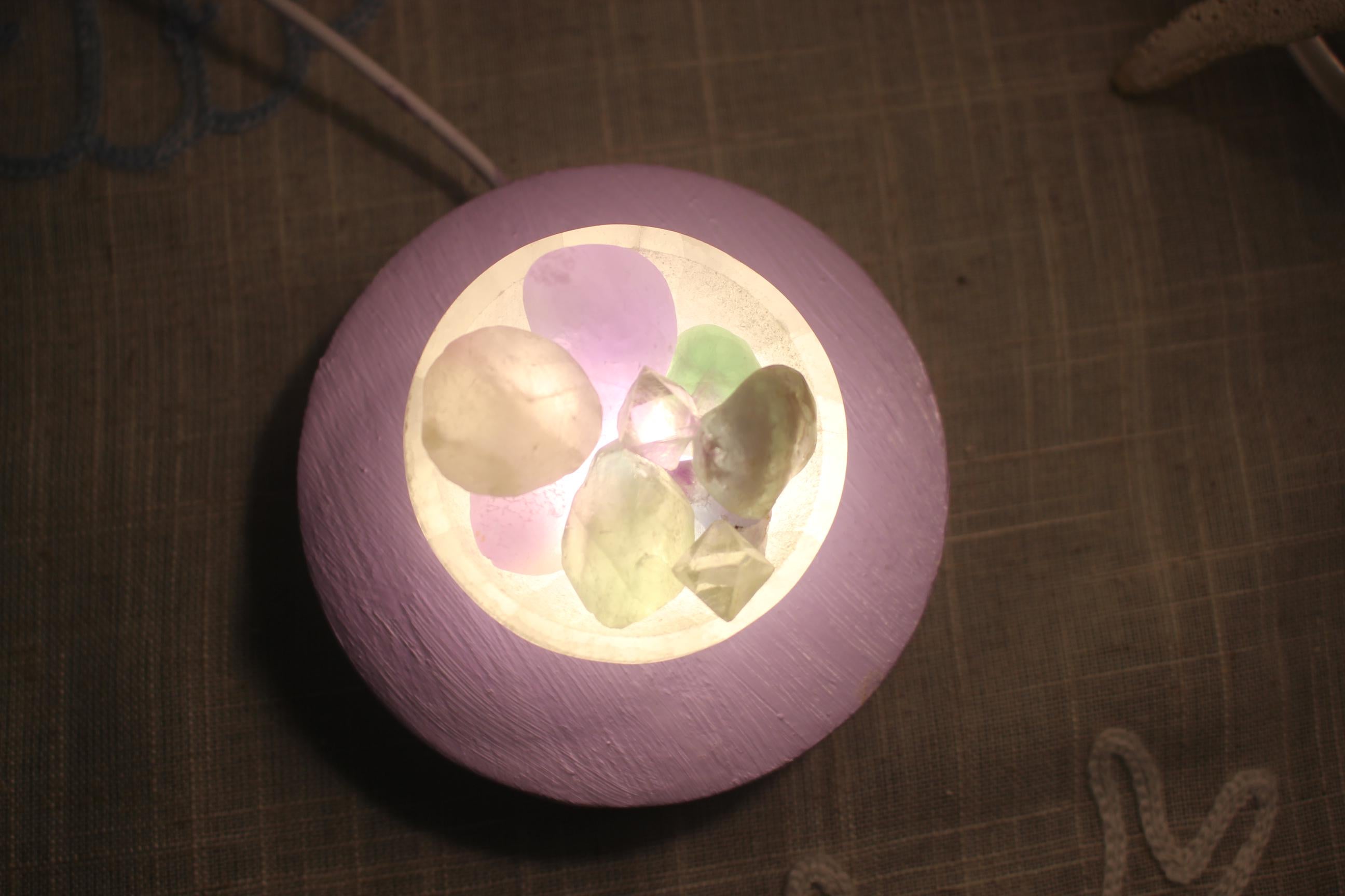 Lavender Fluorite Selenite Night Light, Polished Gemstones, Hand Painted Base, LED Lite w/ USB plug. Crystal Home Décor.