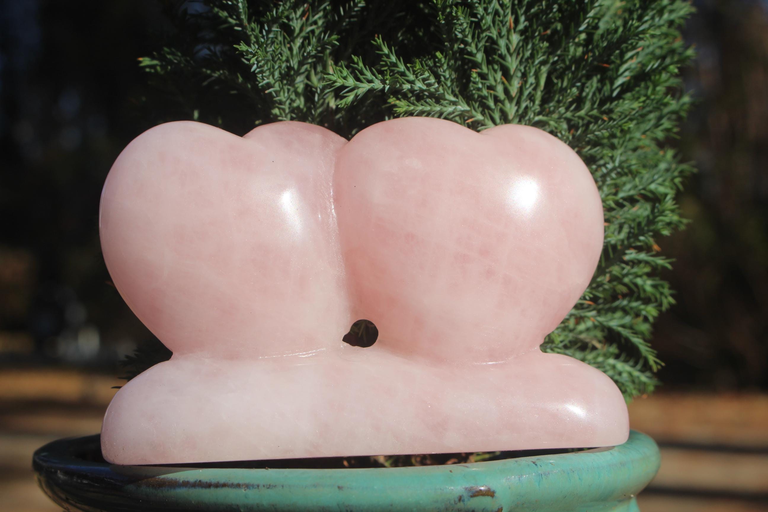 Large Double Rose Quartz Heart Gift, Sweet Carved Pink Quartz Gemstone, Gift for someone special. Very Nice Polish!