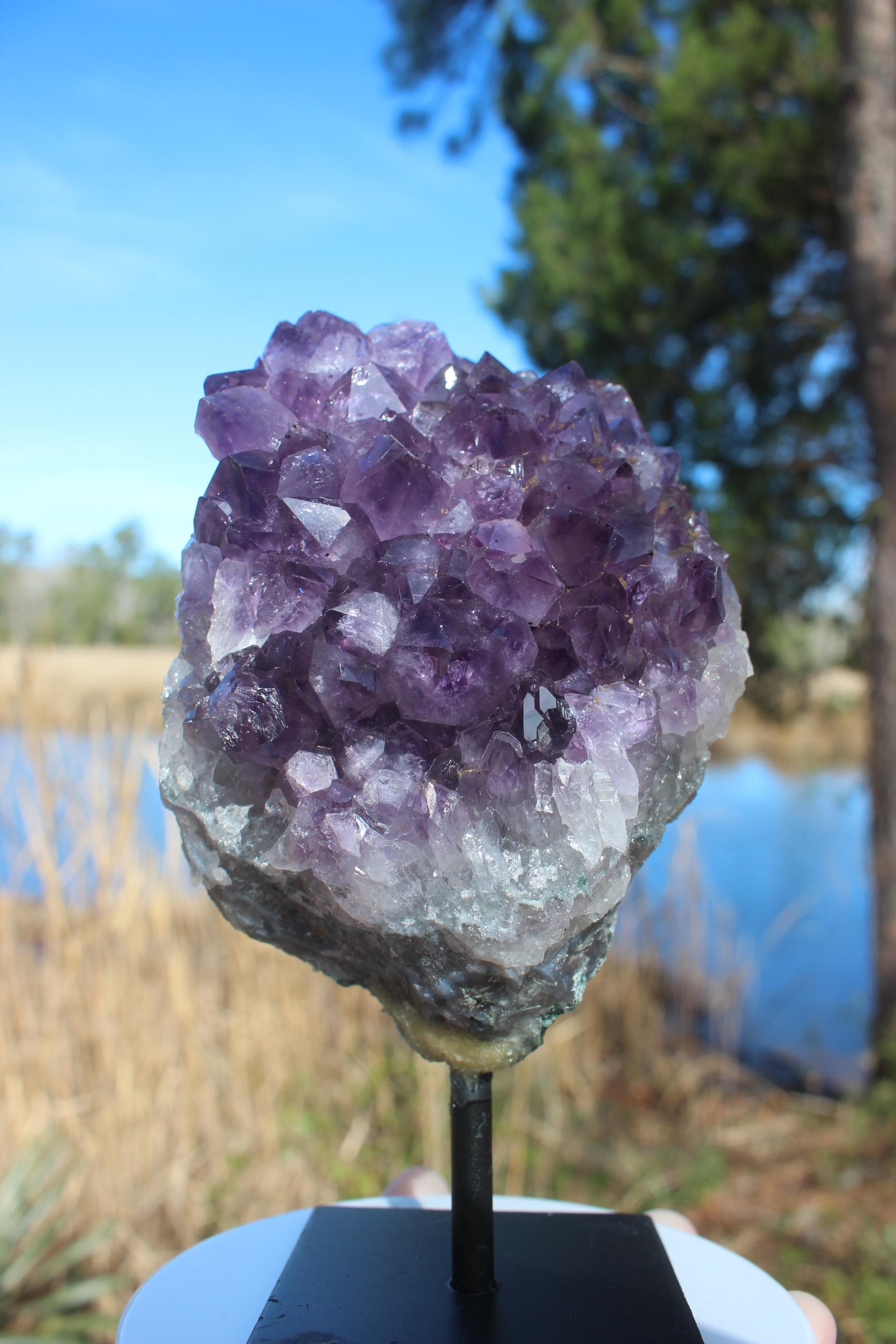 Amethyst Geode Crystal Cluster on Display Stand. Deep Purple Specimen. Large Amethyst Points, Meditation Room, Gemstone Display.