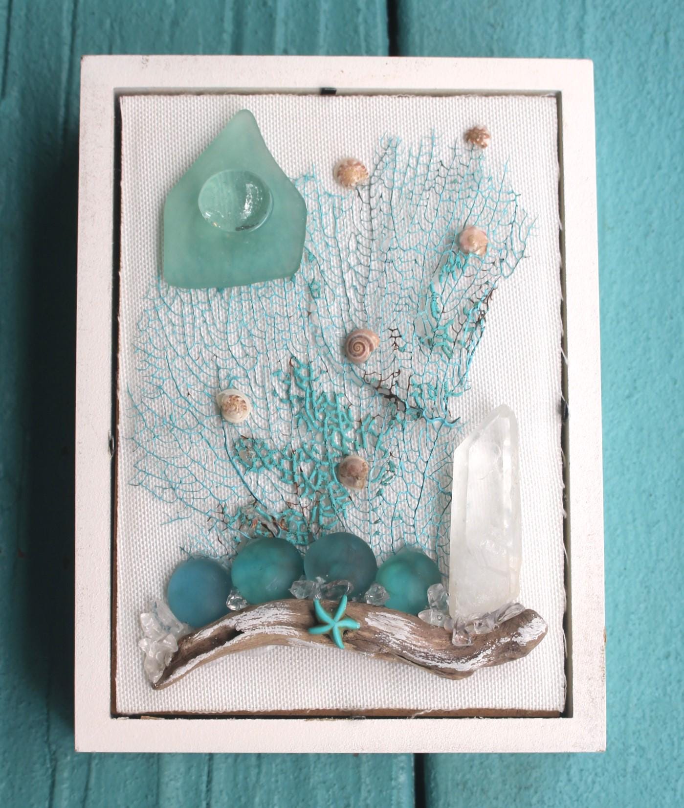 Ocean Themed Shadow Box, Handmade Shell Driftwood Coastal Home Décor. Island Life Art. Teal Sea Fan- Quartz Crystal Wall Décor, Sea Glass Art.