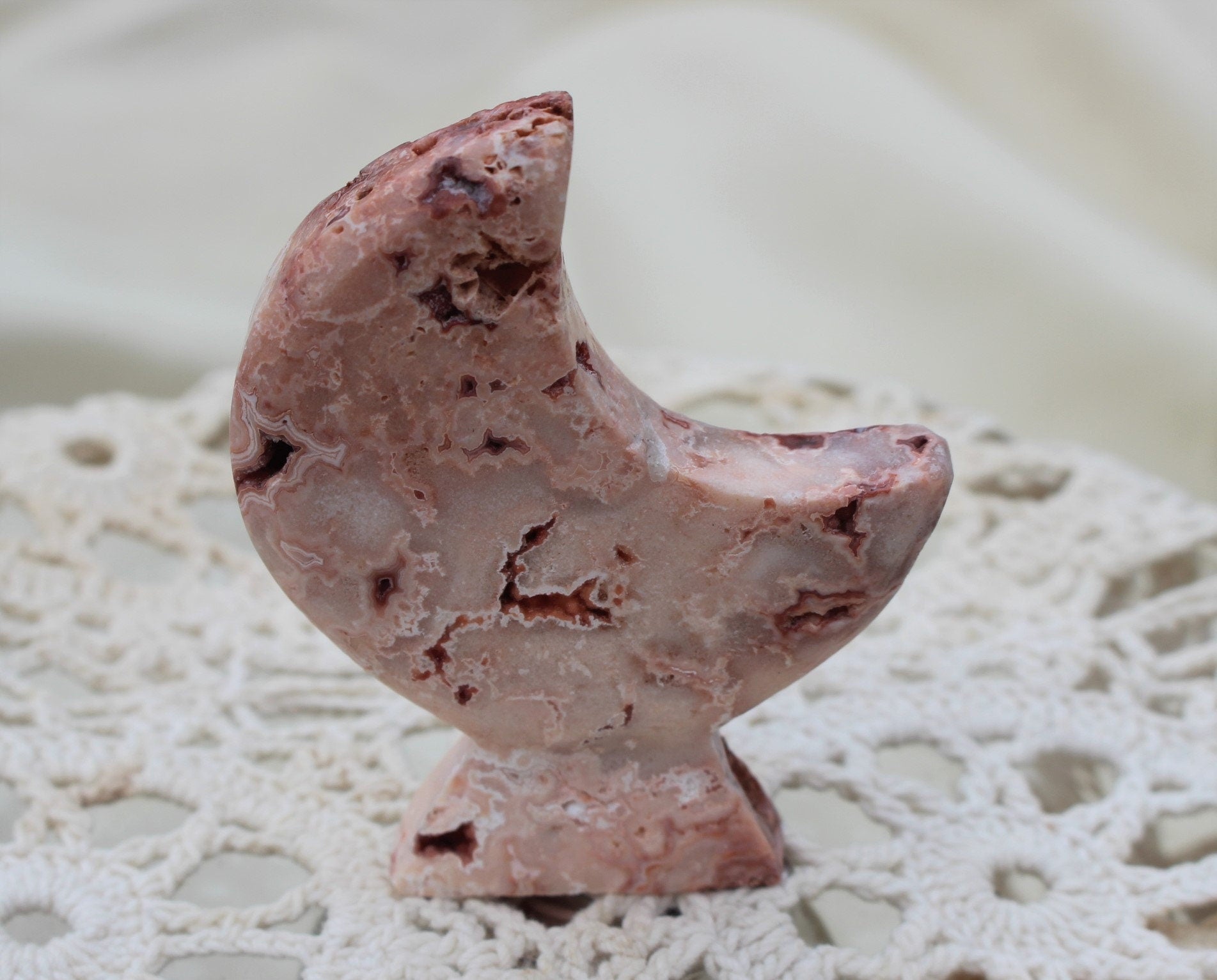 Crazy Lace Agate Moon Goddess Carvings Self Standing, Agate with Druzy Moon Figurines for Altars, Ceremonies and Spiritual Home Decor.