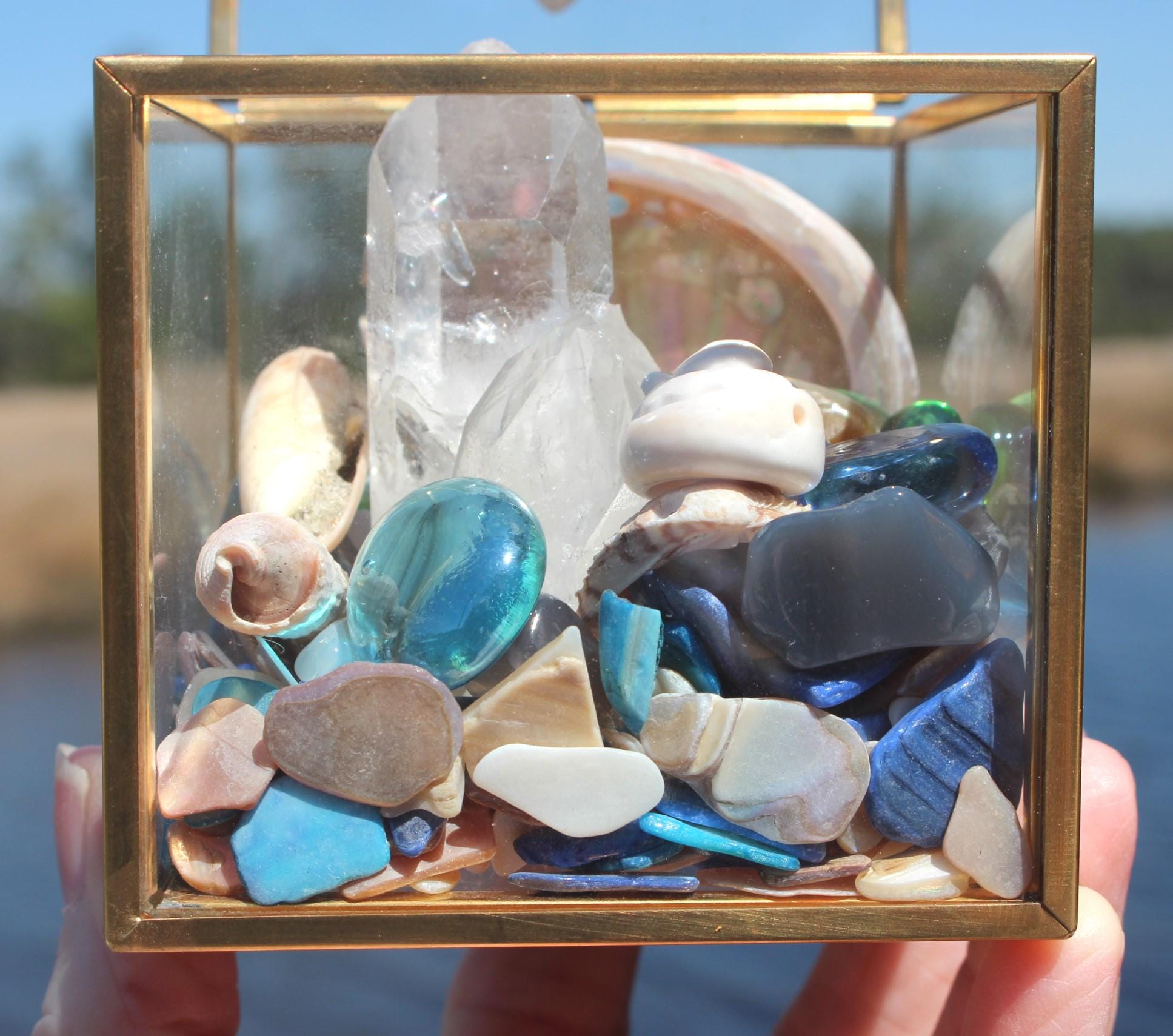 Mermaid Treasure Trove Quartz & Shell Crystal Terrarium Box, Star Agate, Crystals, Abalone Shell, Nature Relaxation Gift, Beachy Vibe Décor