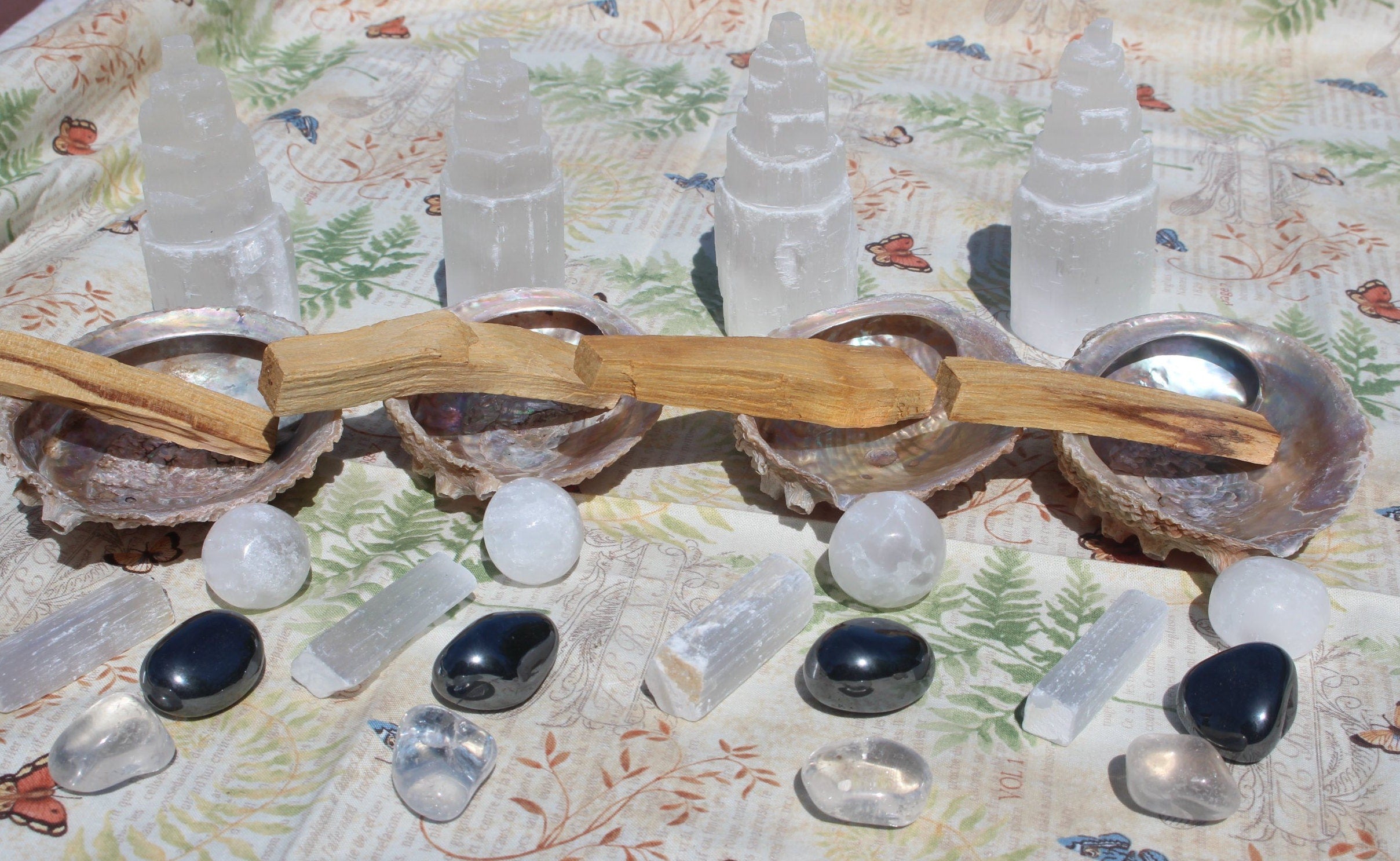 Crystal House Cleansing Bundle, Smudging - Purification, Rituals Altars, Meditation. Abalone Shell, PaoAlto Stick, Selenite Tower Special Buy.