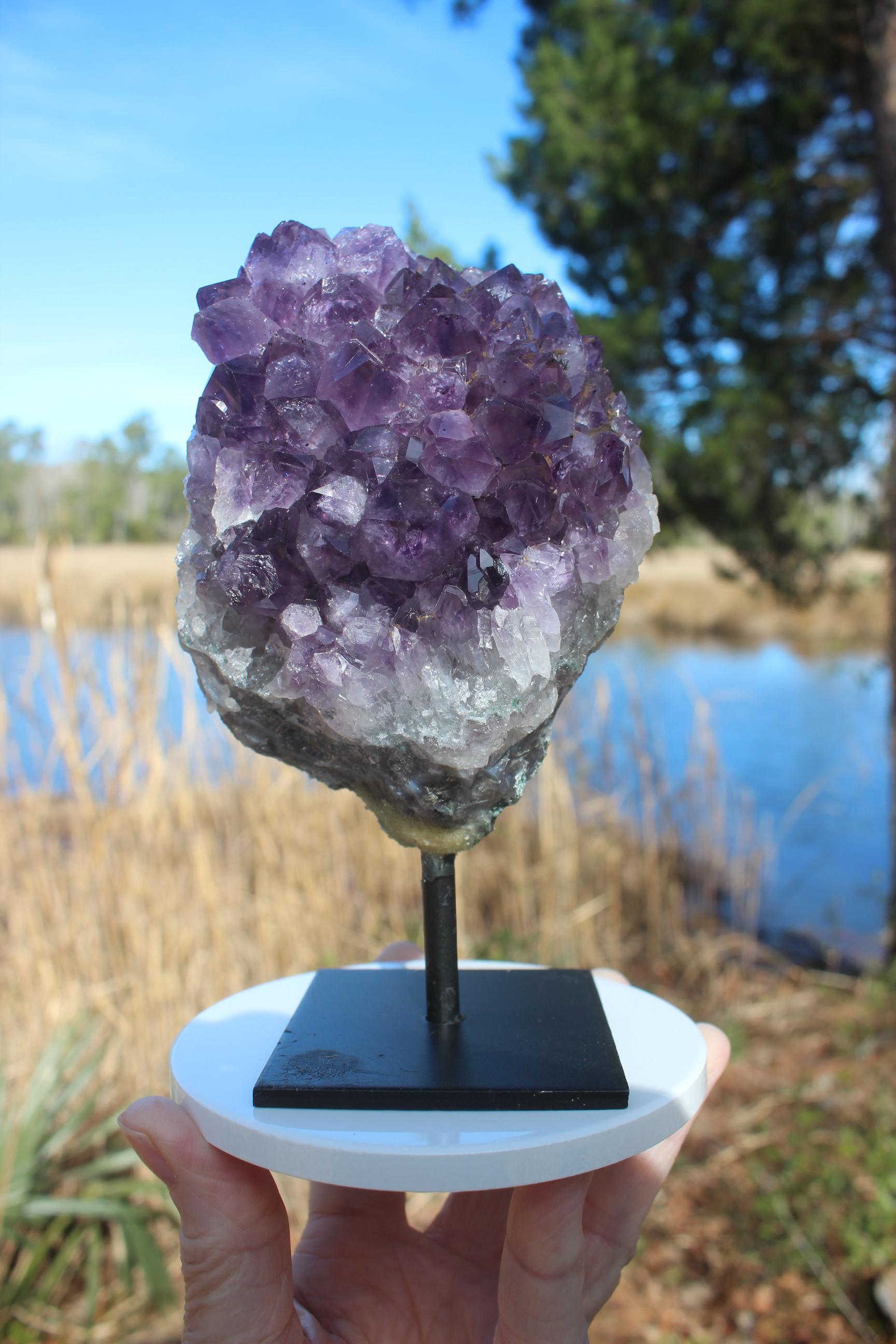 Amethyst Geode Crystal Cluster on Display Stand. Deep Purple Specimen. Large Amethyst Points, Meditation Room, Gemstone Display.