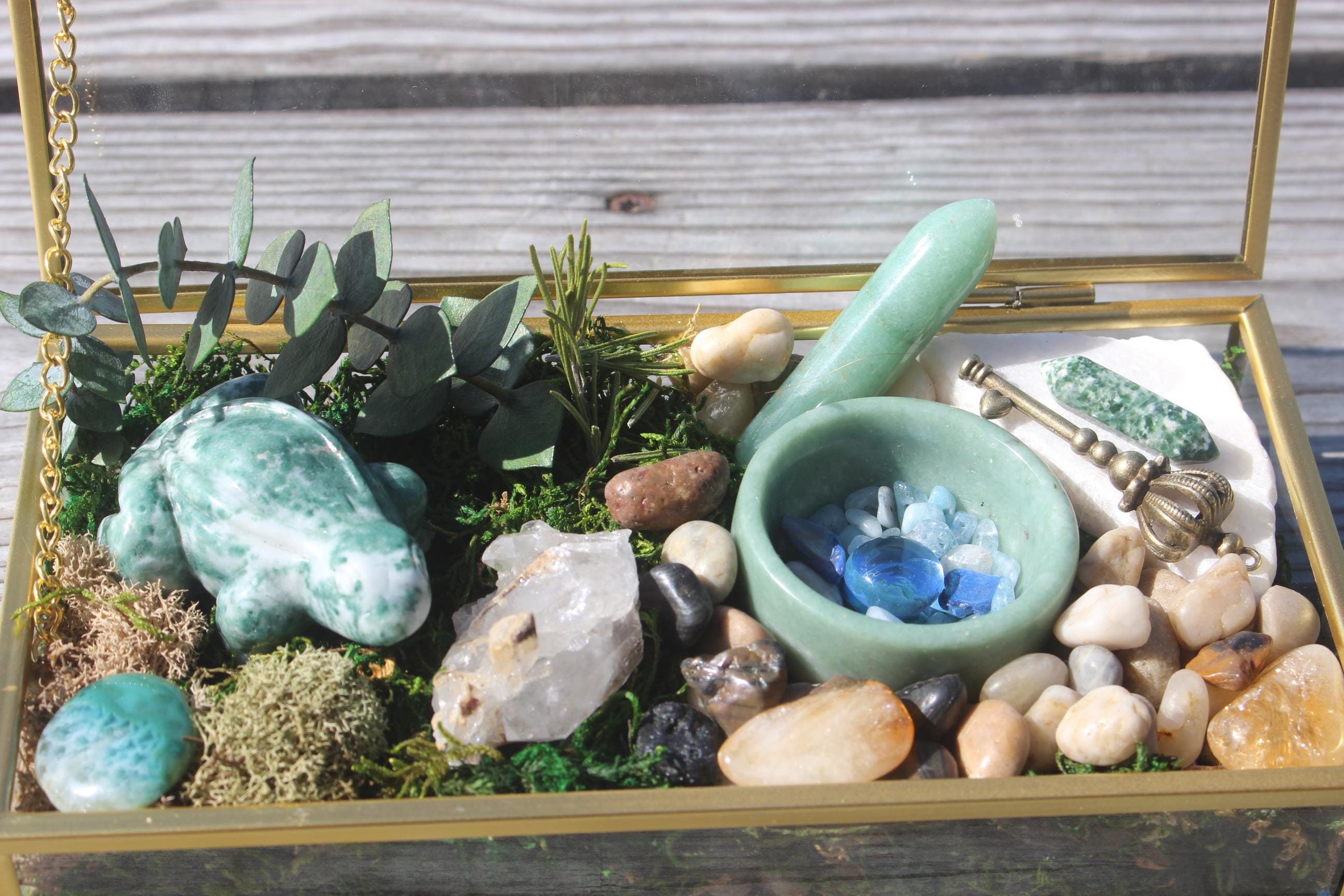 Crystal Forrest Garden Terrarium Treasure Box, Nature Relaxation Gift, Moss Agate Frog, Quartz Crystal-Jade Water Bowl-Moss, Aventurine!