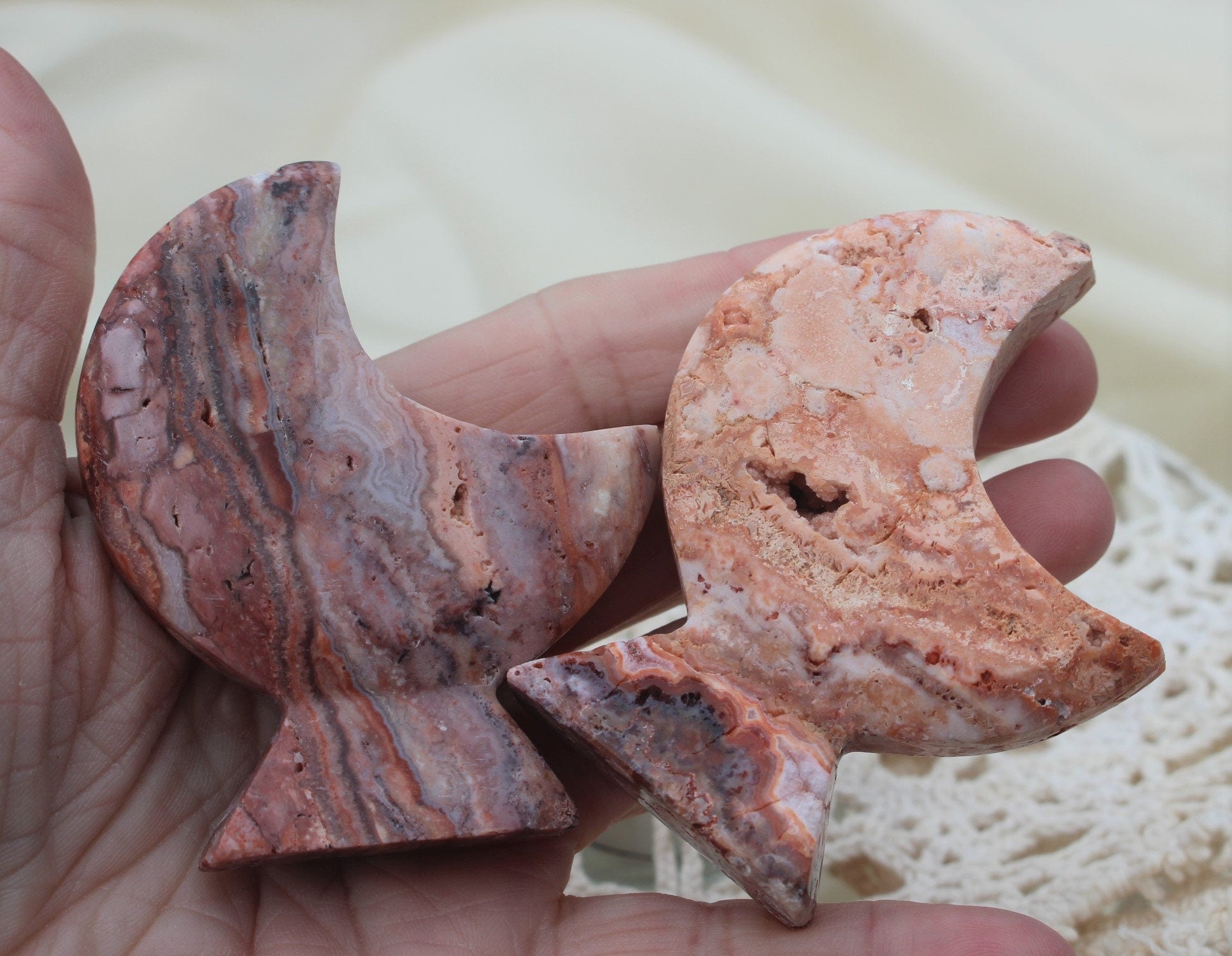 Crazy Lace Agate Moon Goddess Carvings Self Standing, Agate with Druzy Moon Figurines for Altars, Ceremonies and Spiritual Home Decor.