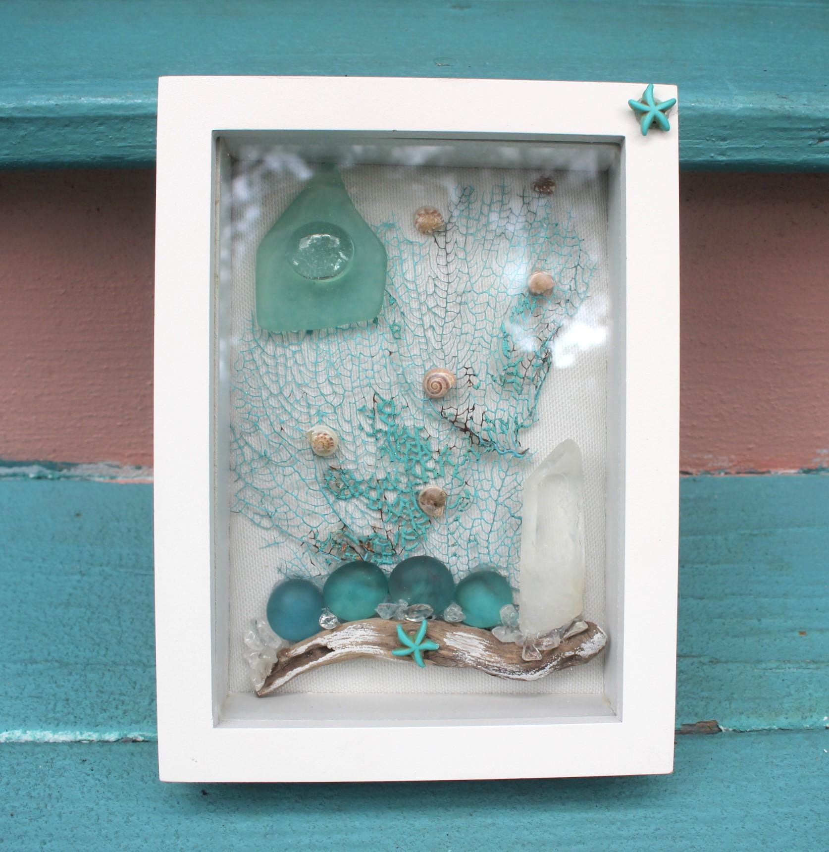Ocean Themed Shadow Box, Handmade Shell Driftwood Coastal Home Décor. Island Life Art. Teal Sea Fan- Quartz Crystal Wall Décor, Sea Glass Art.