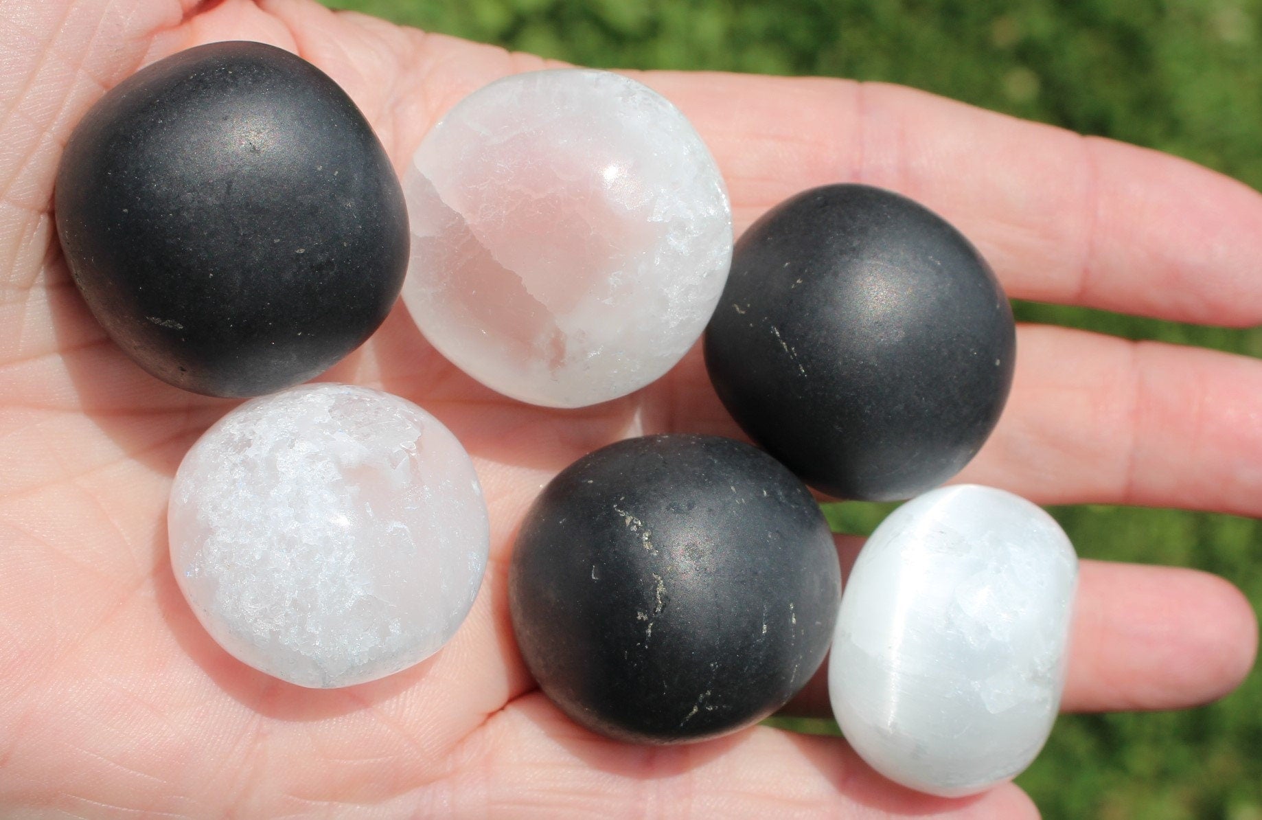 Shungite Selenite Polished Crystal Nuggets, EMF Protection, Purification, Cleansing. Two of each. Black and White, Yin and Yang!