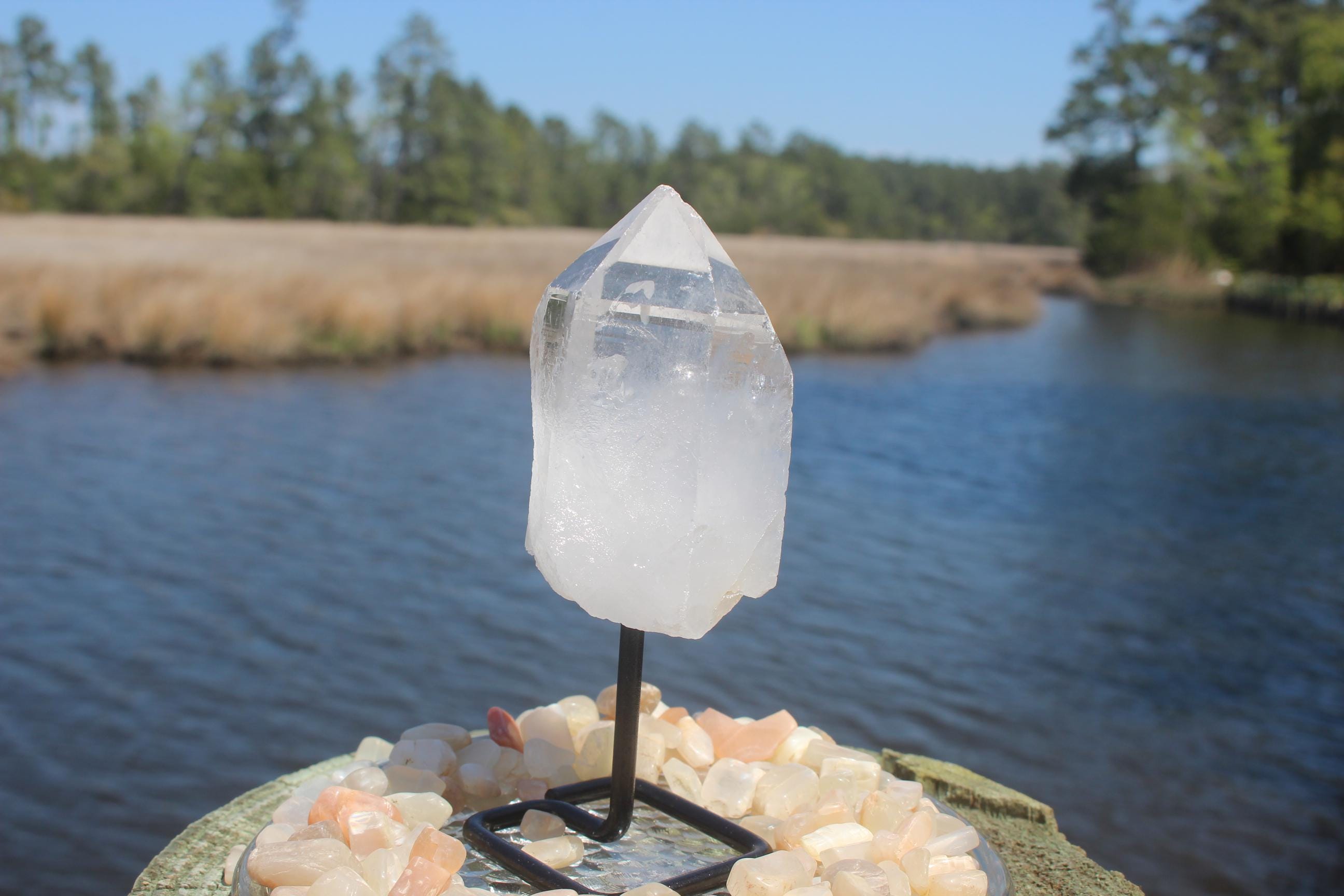 Large Quartz Crystal Cluster Point on Black Iron Display Stand, Raw Natural Specimen. Boho Home Décor, Yoga Meditation Rooms, Collections!