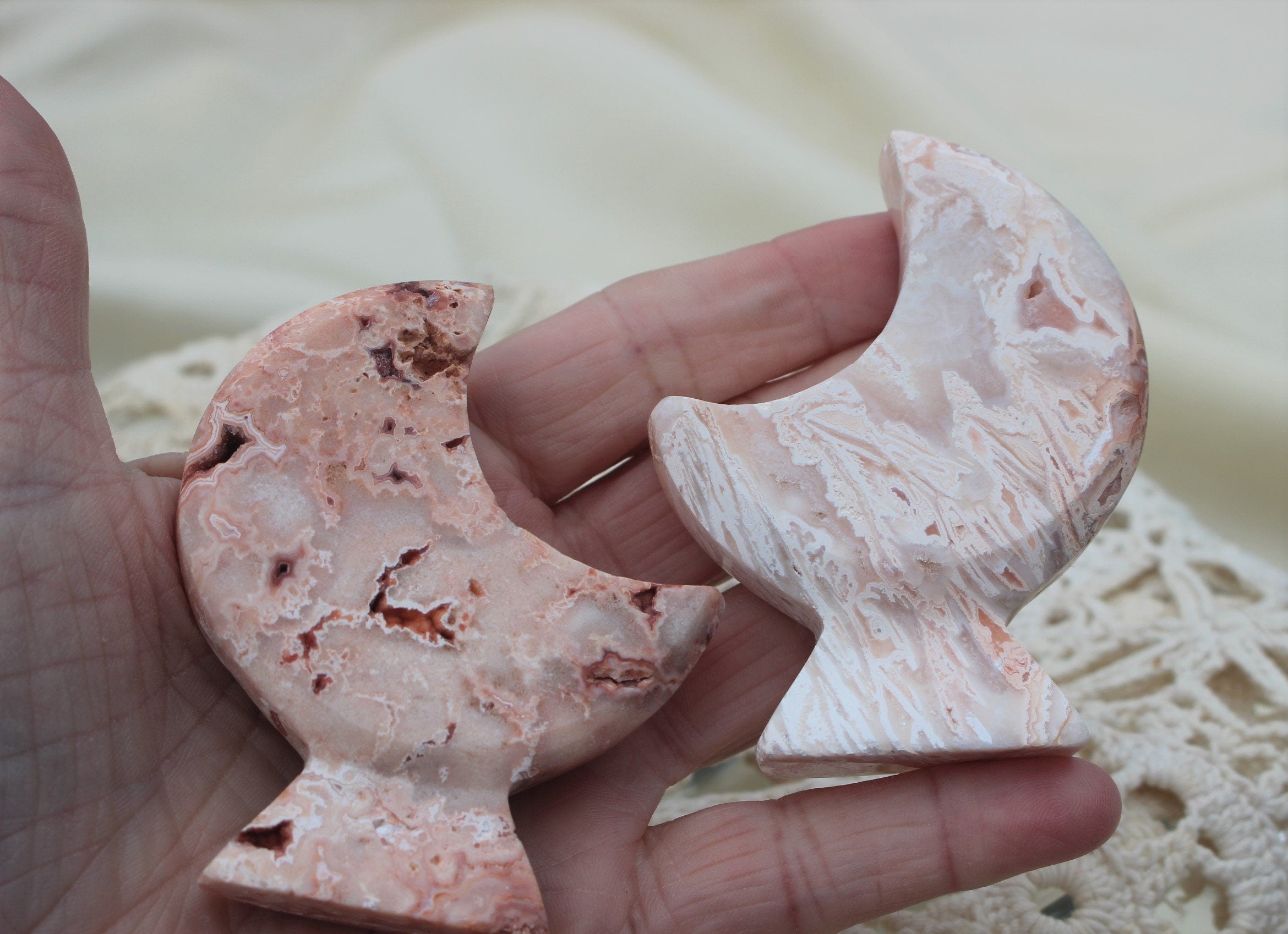 Crazy Lace Agate Moon Goddess Carvings Self Standing, Agate with Druzy Moon Figurines for Altars, Ceremonies and Spiritual Home Decor.