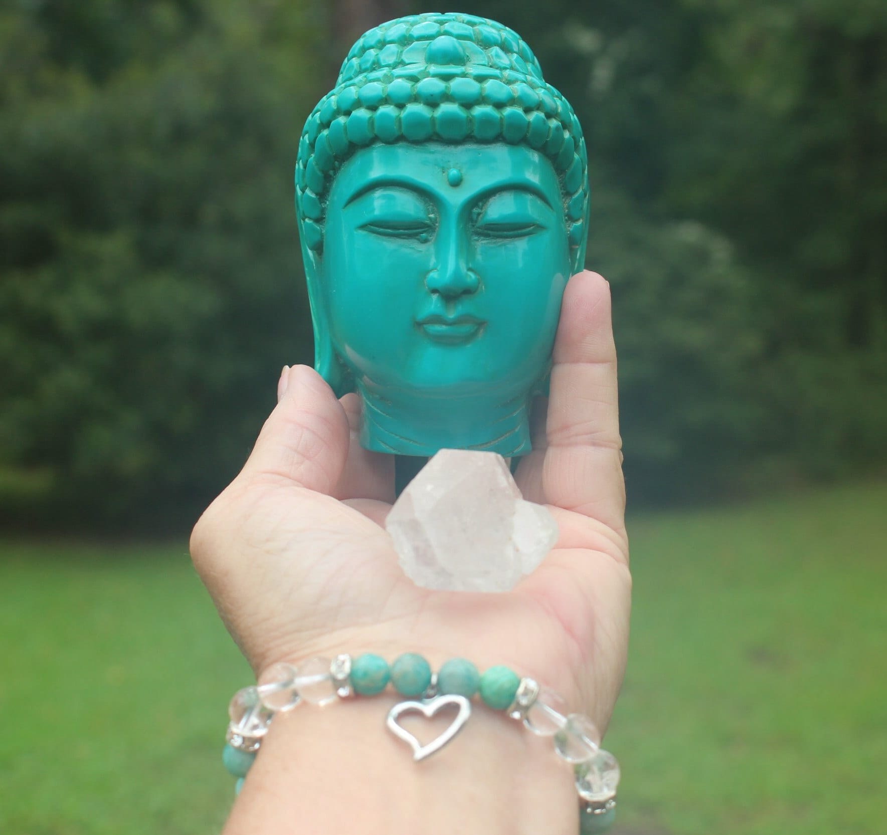 Meditation Room Relaxation Gift Set, Turquoise Color Buddha Head, Amazonite & Quartz Bracelet, Large Quartz Crystal. Yoga Gift.