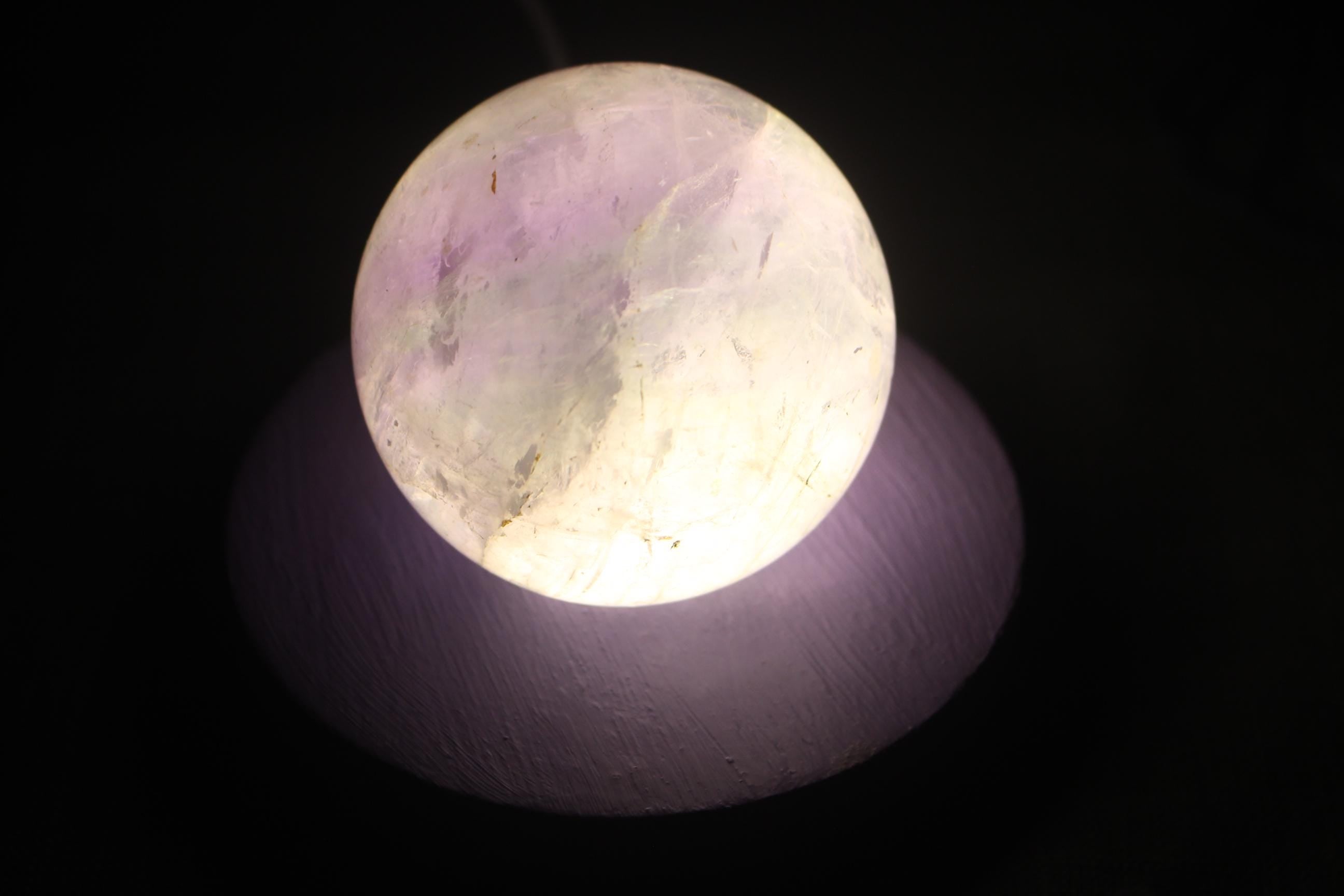 Fluorite Crystal Ball Night Light, Hand Painted Lavender Wooden Frame, LED Nite Lite USB plug. Coastal Home Decor