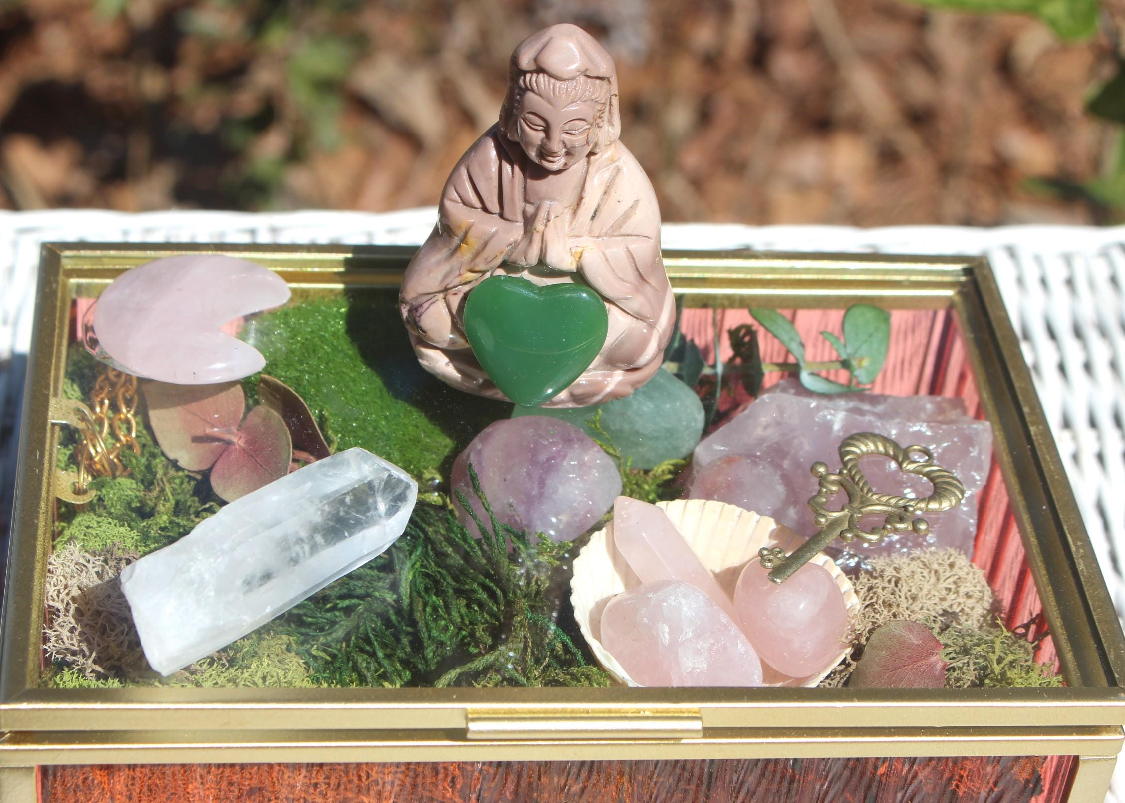 Crystal Moss Terrarium Box With Large Quan Yin Carving, Spirit Filled Glass Altar Box, Handmade Rose Quartz Reflection Gift Box Collectible.