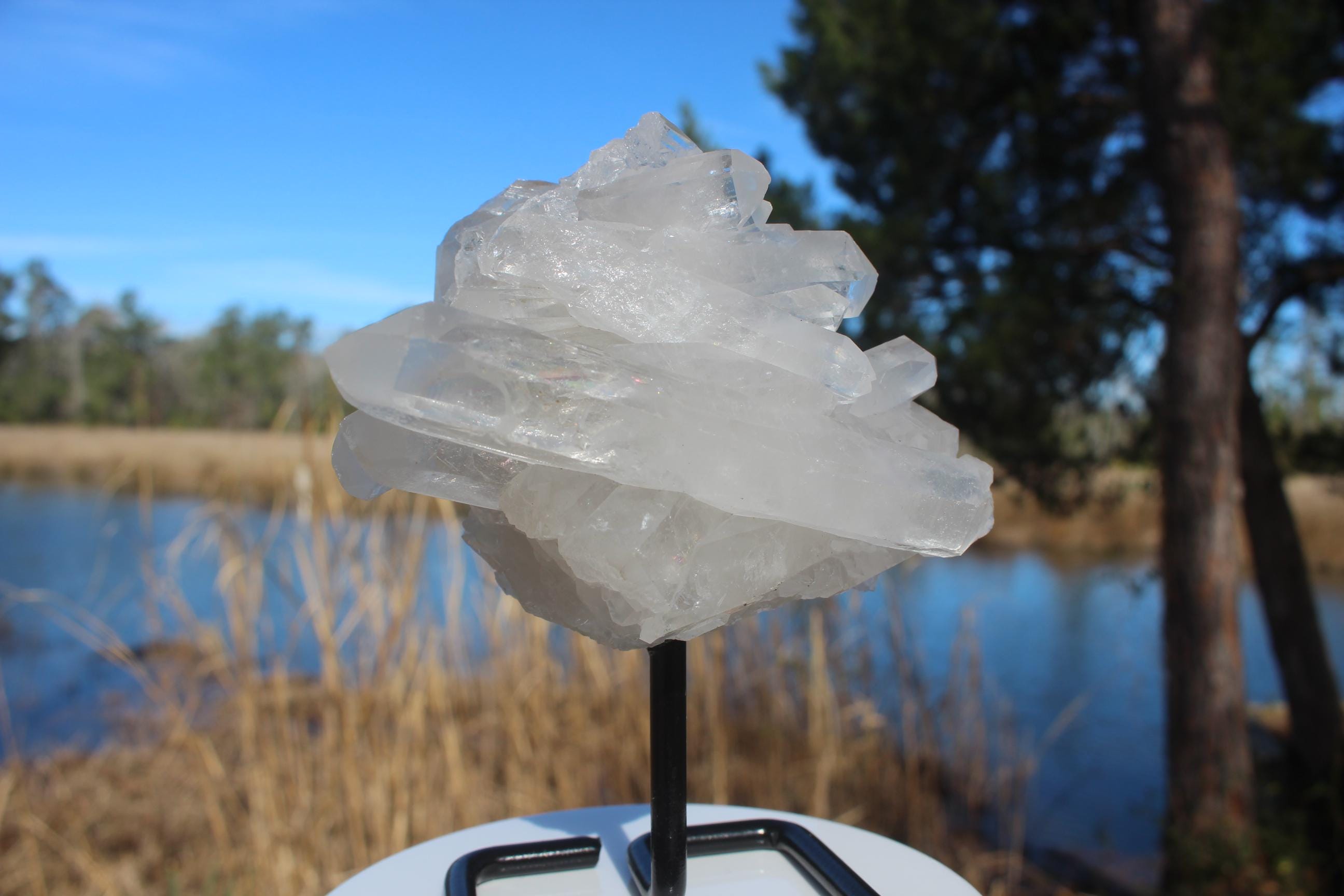 Quartz Crystal Cluster on Black Iron display stand, Clear Raw Natural Specimen. Sparkling long Terminations, Boho Home Décor, Collections!