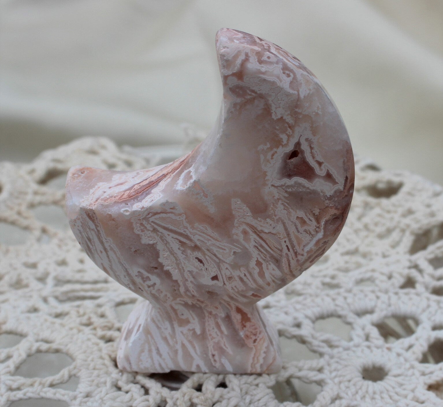 Crazy Lace Agate Moon Goddess Carvings Self Standing, Agate with Druzy Moon Figurines for Altars, Ceremonies and Spiritual Home Decor.