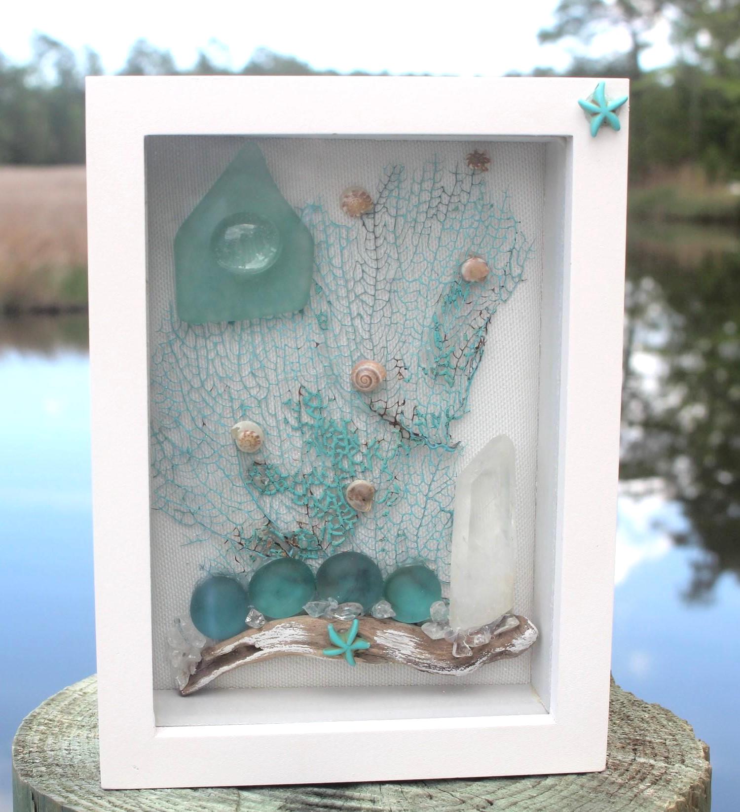 Ocean Themed Shadow Box, Handmade Shell Driftwood Coastal Home Décor. Island Life Art. Teal Sea Fan- Quartz Crystal Wall Décor, Sea Glass Art.