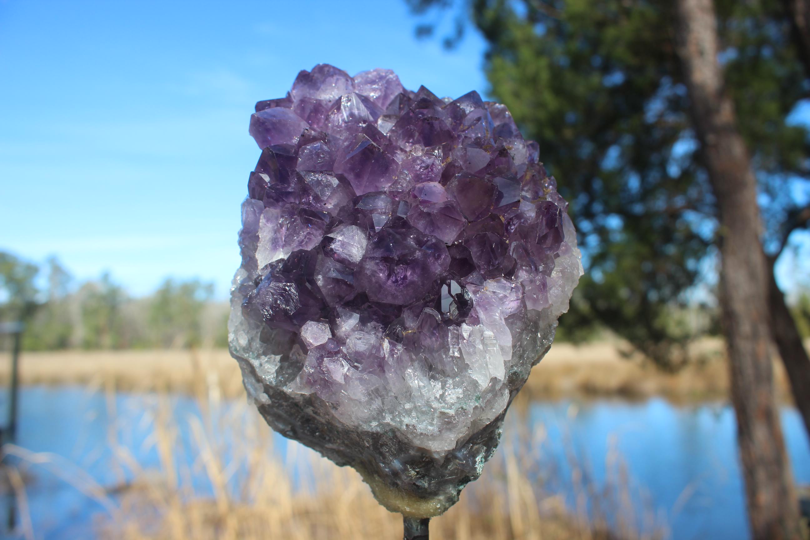 Amethyst Geode Crystal Cluster on Display Stand. Deep Purple Specimen. Large Amethyst Points, Meditation Room, Gemstone Display.