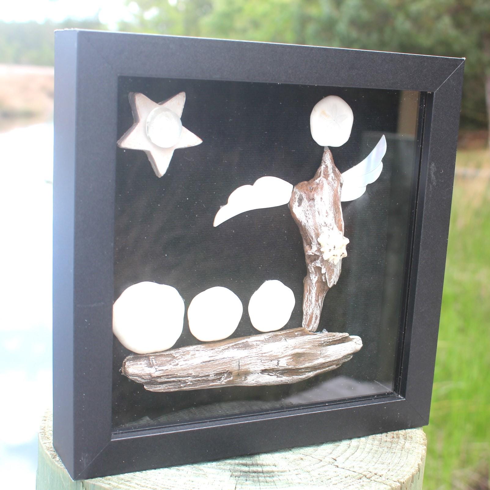 Nautical Themed Shadow Box, Handmade Shell Driftwood Inspirational Art. Sailboat with Angel Wings, Black and White Wall Décor.