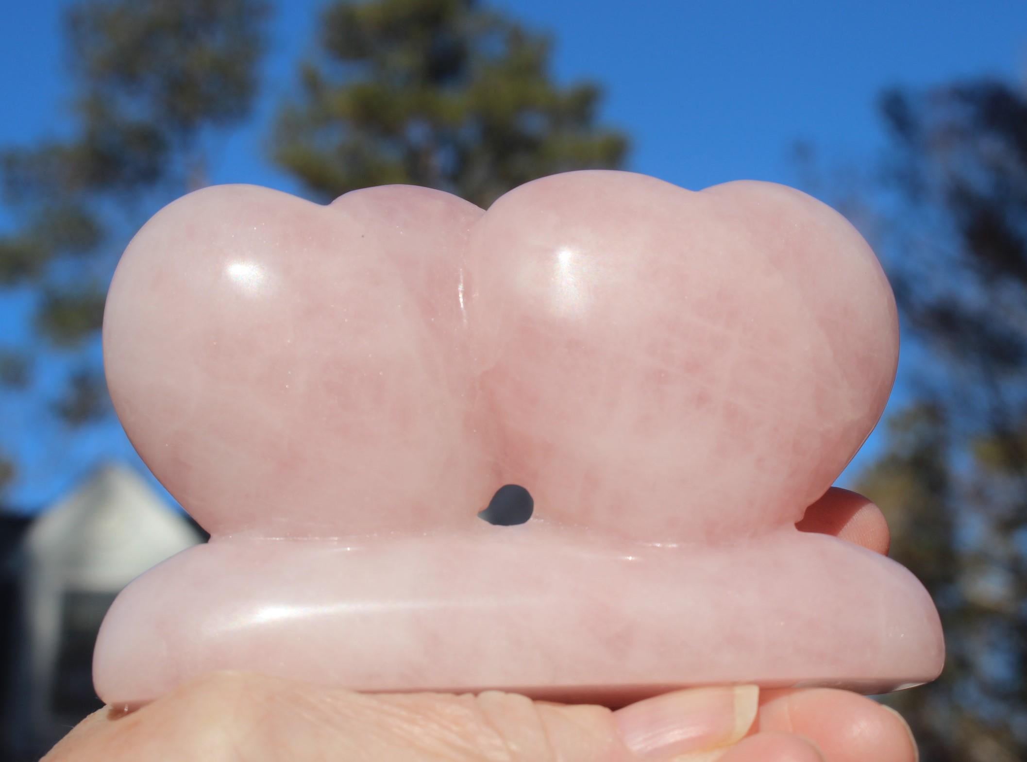 Large Double Rose Quartz Heart Gift, Sweet Carved Pink Quartz Gemstone, Gift for someone special. Very Nice Polish!