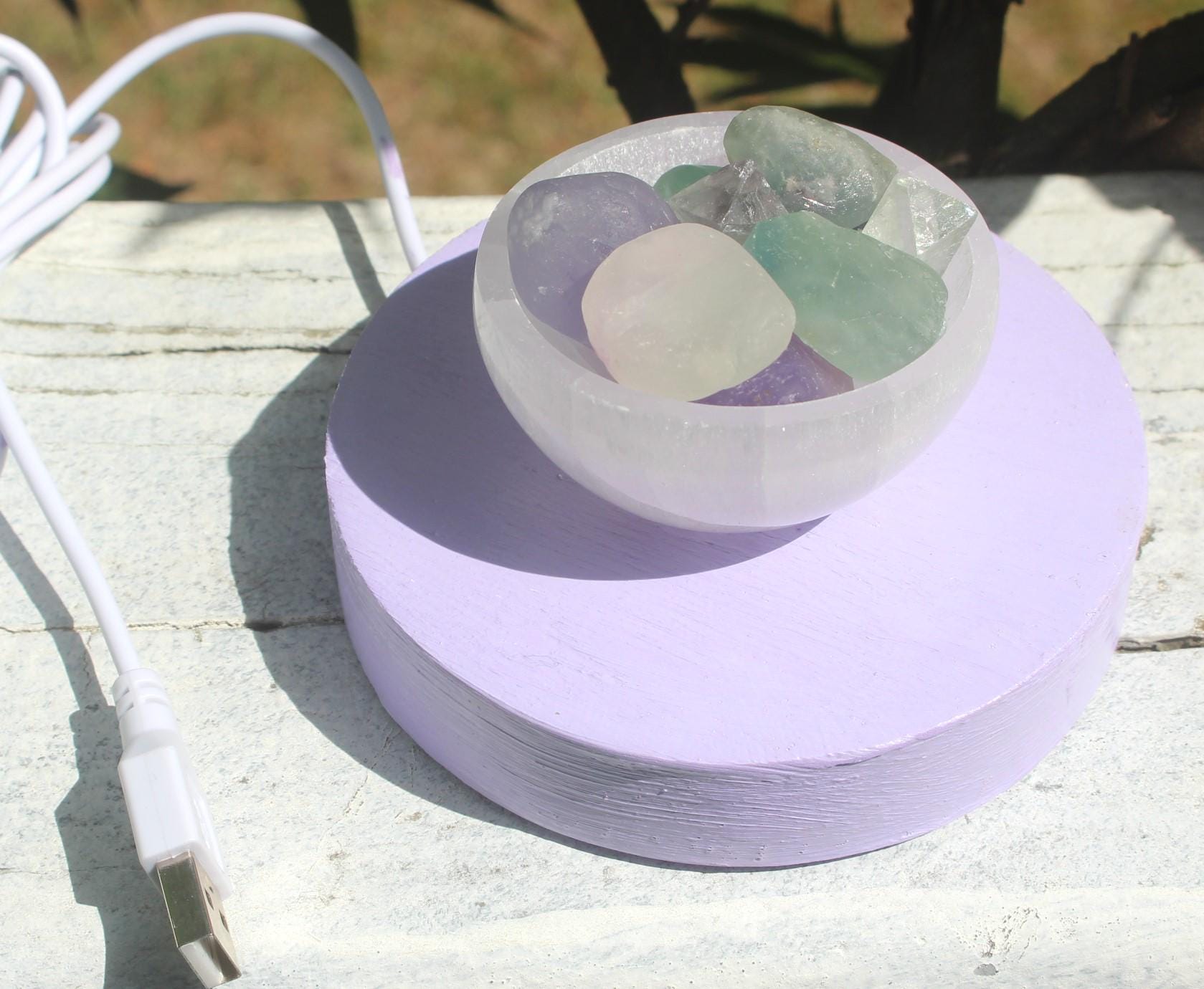 Lavender Fluorite Selenite Night Light, Polished Gemstones, Hand Painted Base, LED Lite w/ USB plug. Crystal Home Décor.