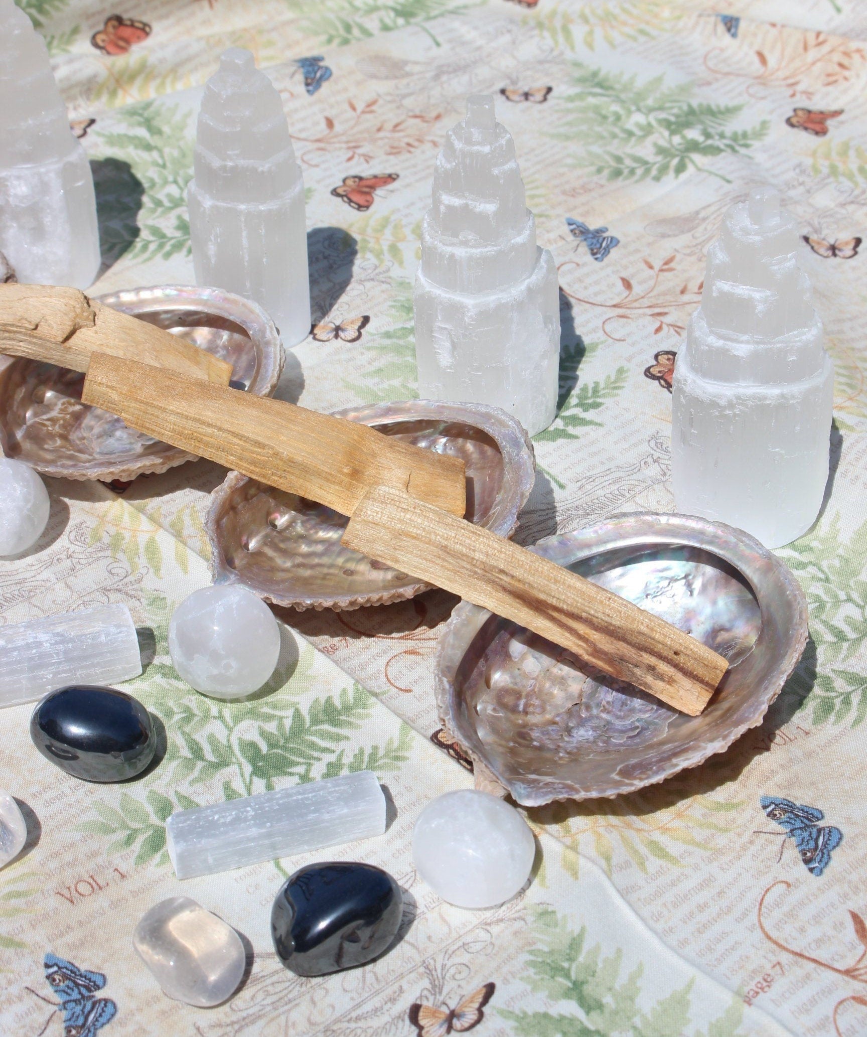 Crystal House Cleansing Bundle, Smudging - Purification, Rituals Altars, Meditation. Abalone Shell, PaoAlto Stick, Selenite Tower Special Buy.