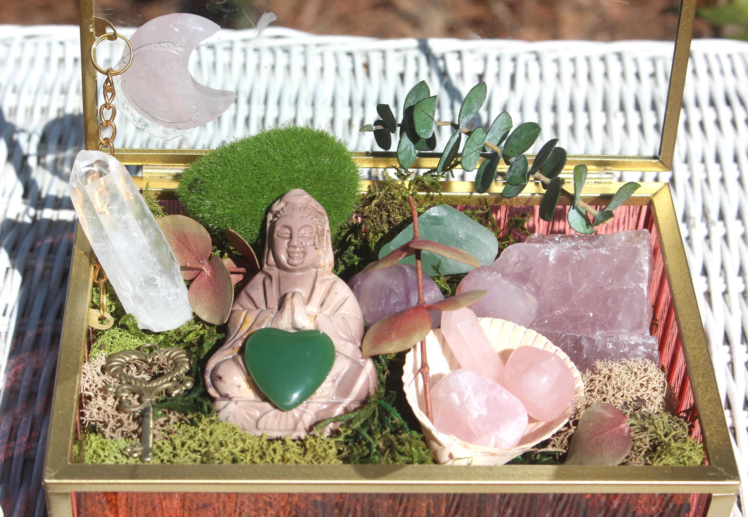 Crystal Moss Terrarium Box With Large Quan Yin Carving, Spirit Filled Glass Altar Box, Handmade Rose Quartz Reflection Gift Box Collectible.