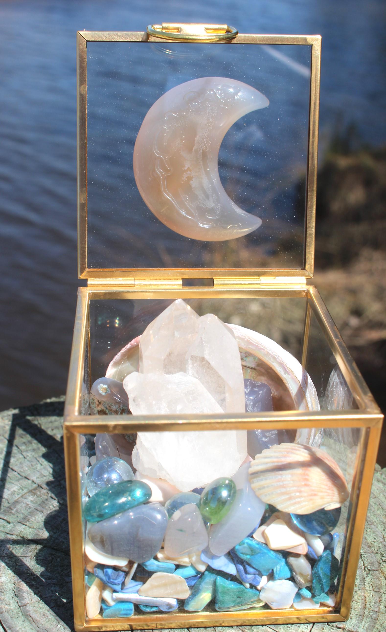 Quartz & Shells Crystal Terrarium Box, Agate Carved Moon, Handmade, Double Term Crystal, Abalone Shells, Glass Trinkets, Magical Beachy Nature Gift.