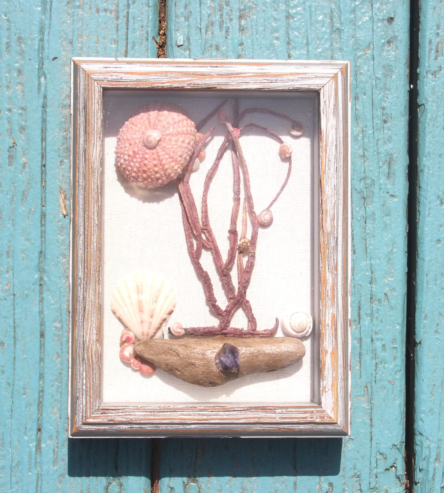 Handmade Ocean Themed Shadow Box, Shell Driftwood Sea Fan Coastal Art.