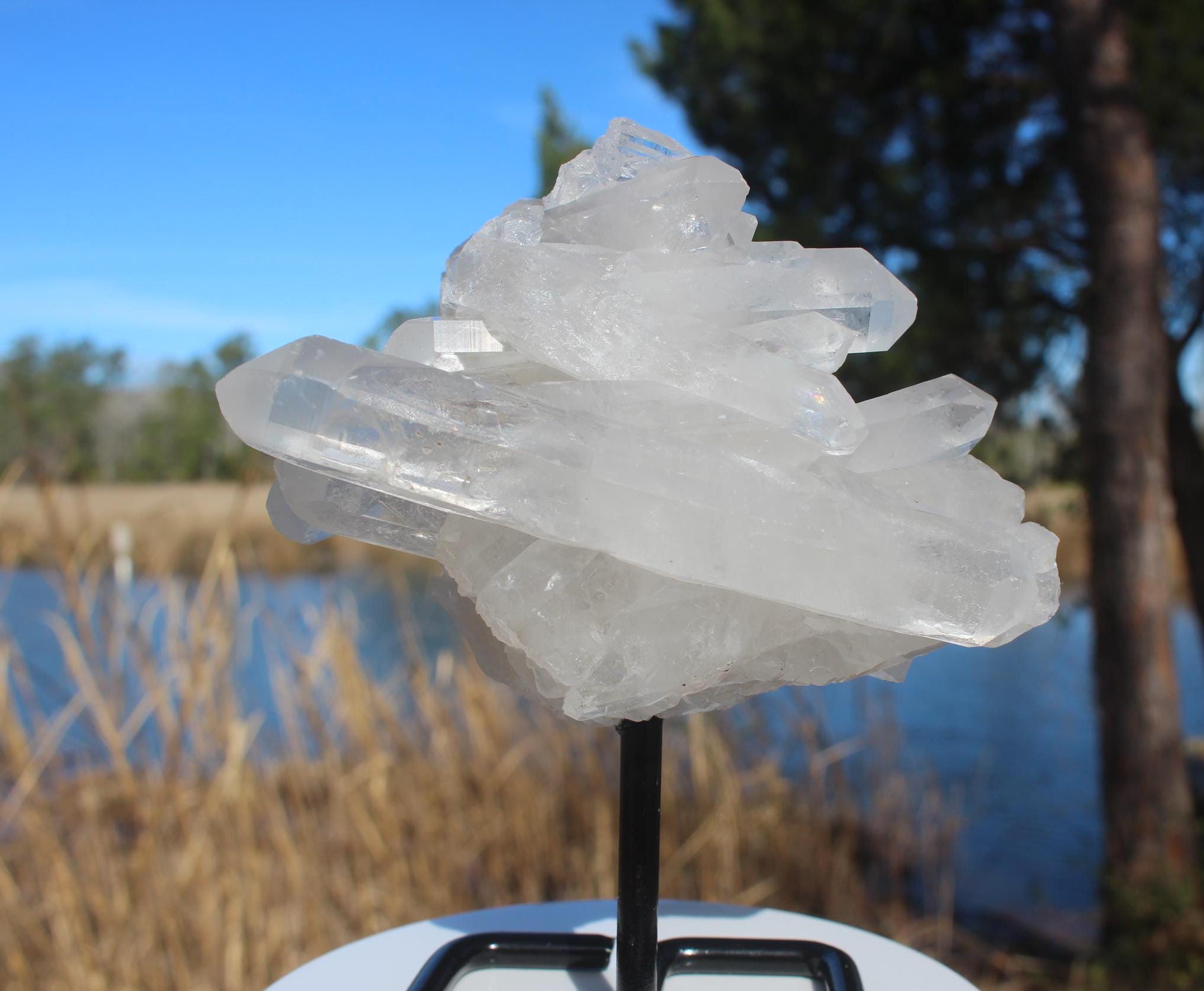 Quartz Crystal Cluster on Black Iron display stand, Clear Raw Natural Specimen. Sparkling long Terminations, Boho Home Décor, Collections!