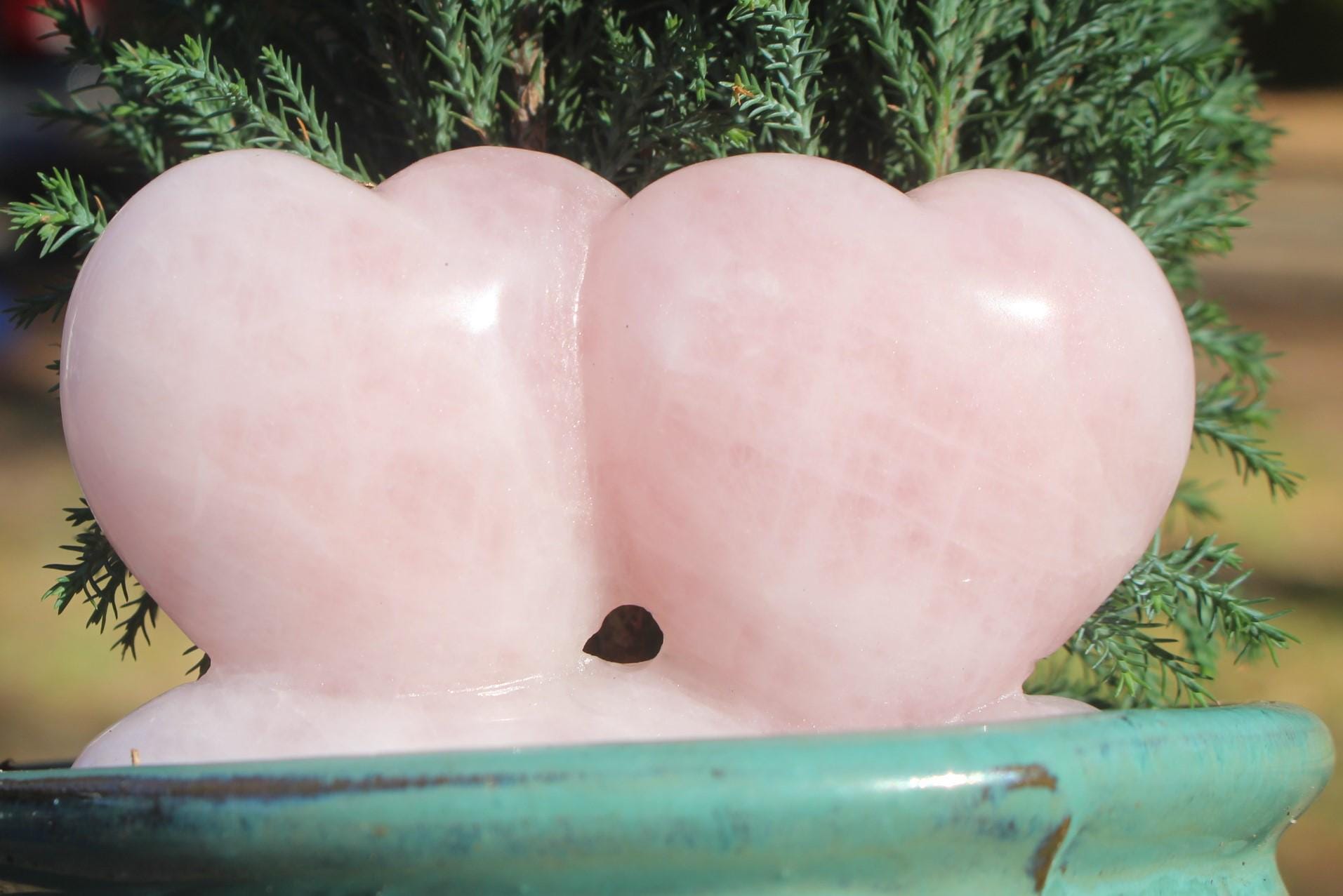 Large Double Rose Quartz Heart Gift, Sweet Carved Pink Quartz Gemstone, Gift for someone special. Very Nice Polish!