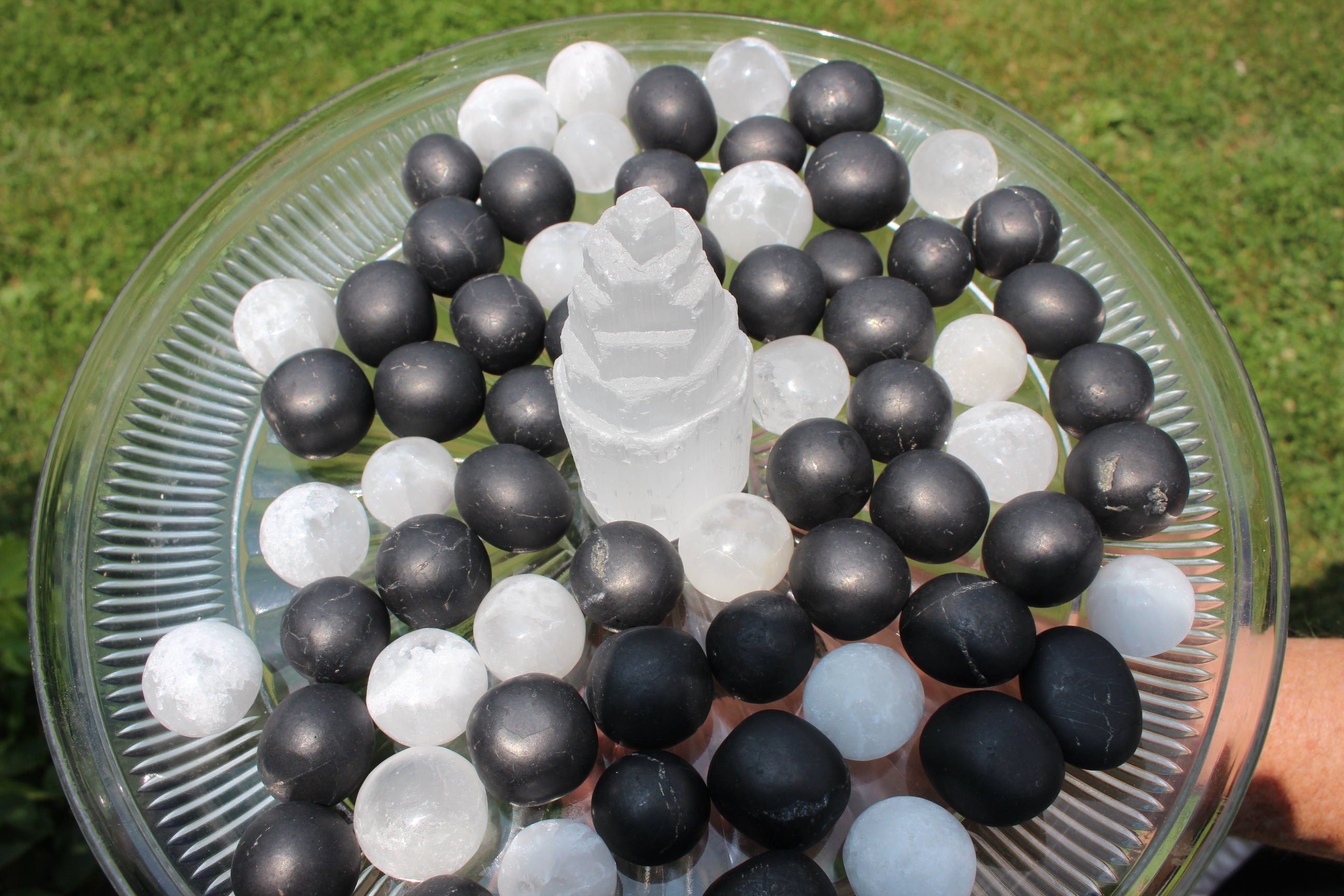 Shungite Selenite Polished Crystal Nuggets, EMF Protection, Purification, Cleansing. Two of each. Black and White, Yin and Yang!