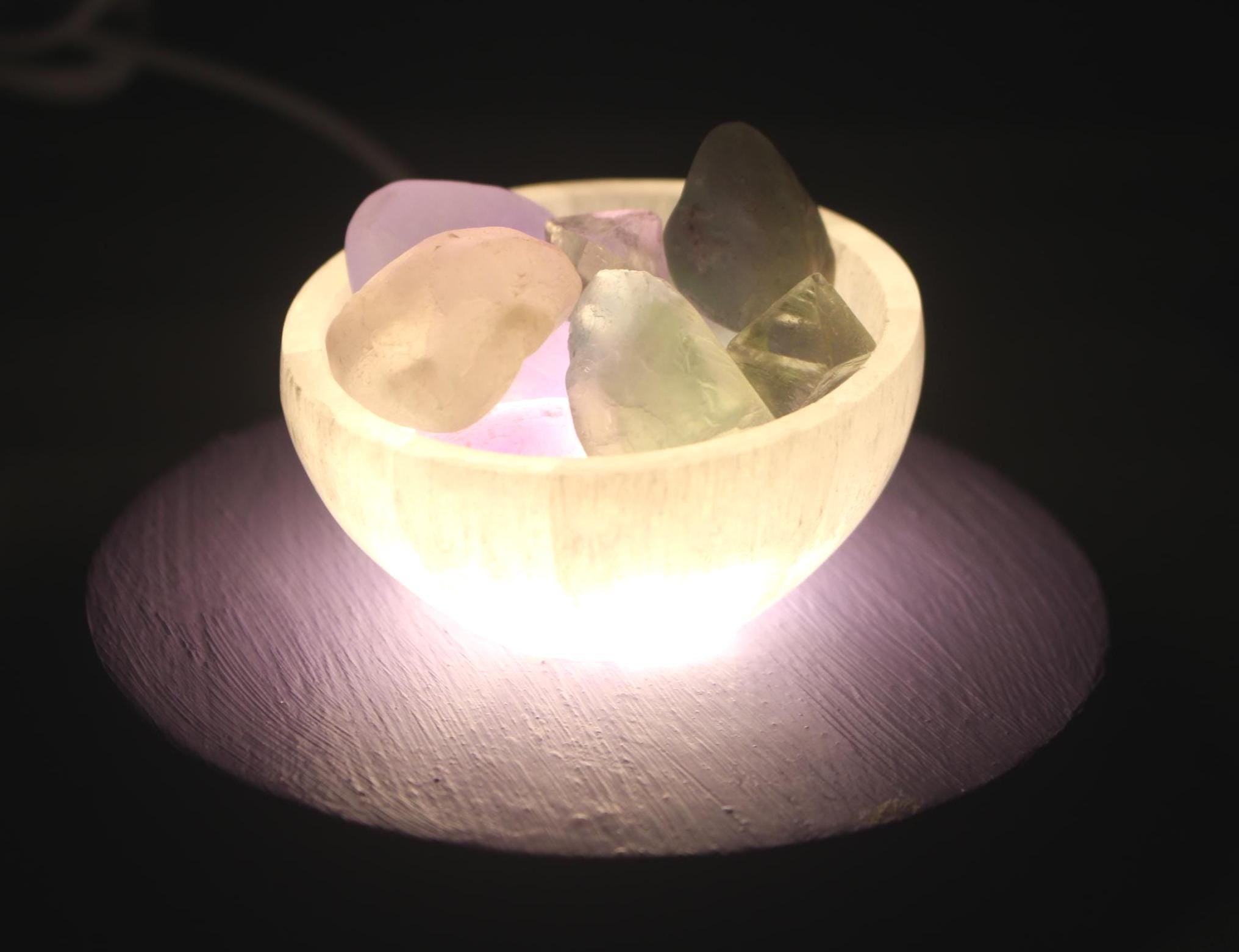 Lavender Fluorite Selenite Night Light, Polished Gemstones, Hand Painted Base, LED Lite w/ USB plug. Crystal Home Décor.
