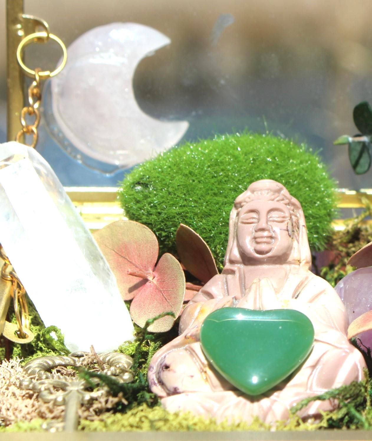 Crystal Moss Terrarium Box With Large Quan Yin Carving, Spirit Filled Glass Altar Box, Handmade Rose Quartz Reflection Gift Box Collectible.