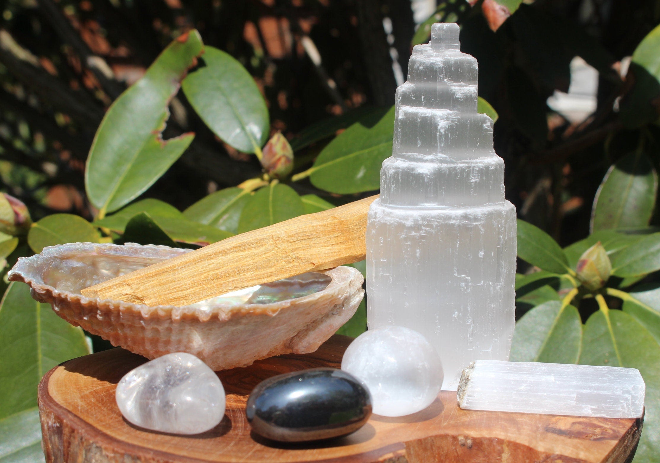 Crystal House Cleansing Bundle, Smudging - Purification, Rituals Altars, Meditation. Abalone Shell, PaoAlto Stick, Selenite Tower Special Buy.