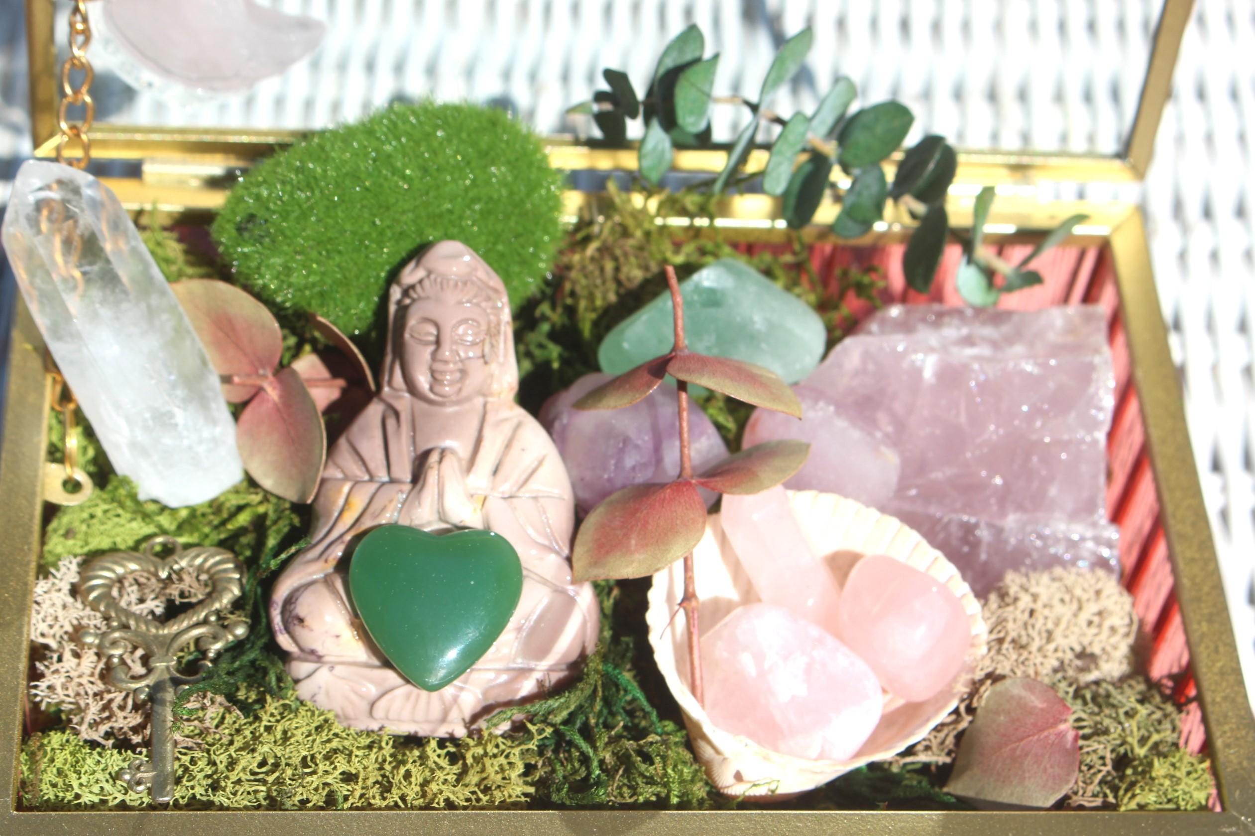 Crystal Moss Terrarium Box With Large Quan Yin Carving, Spirit Filled Glass Altar Box, Handmade Rose Quartz Reflection Gift Box Collectible.