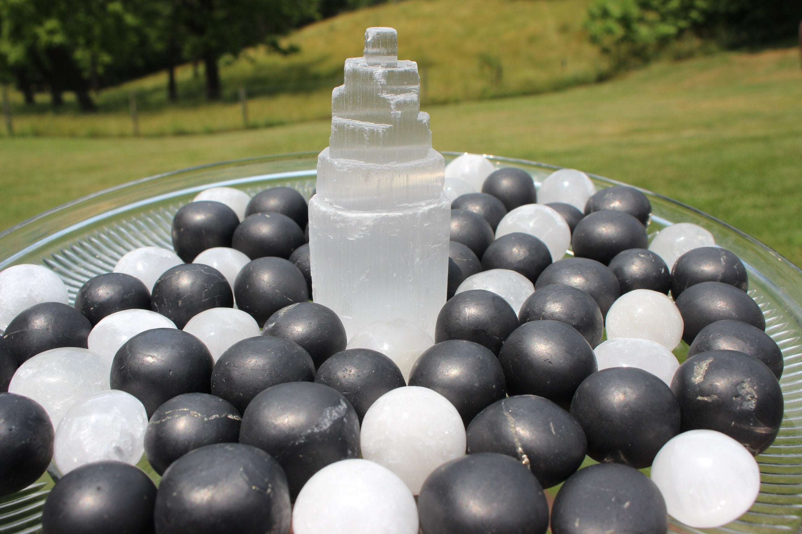 Shungite Selenite Polished Crystal Nuggets, EMF Protection, Purification, Cleansing. Two of each. Black and White, Yin and Yang!