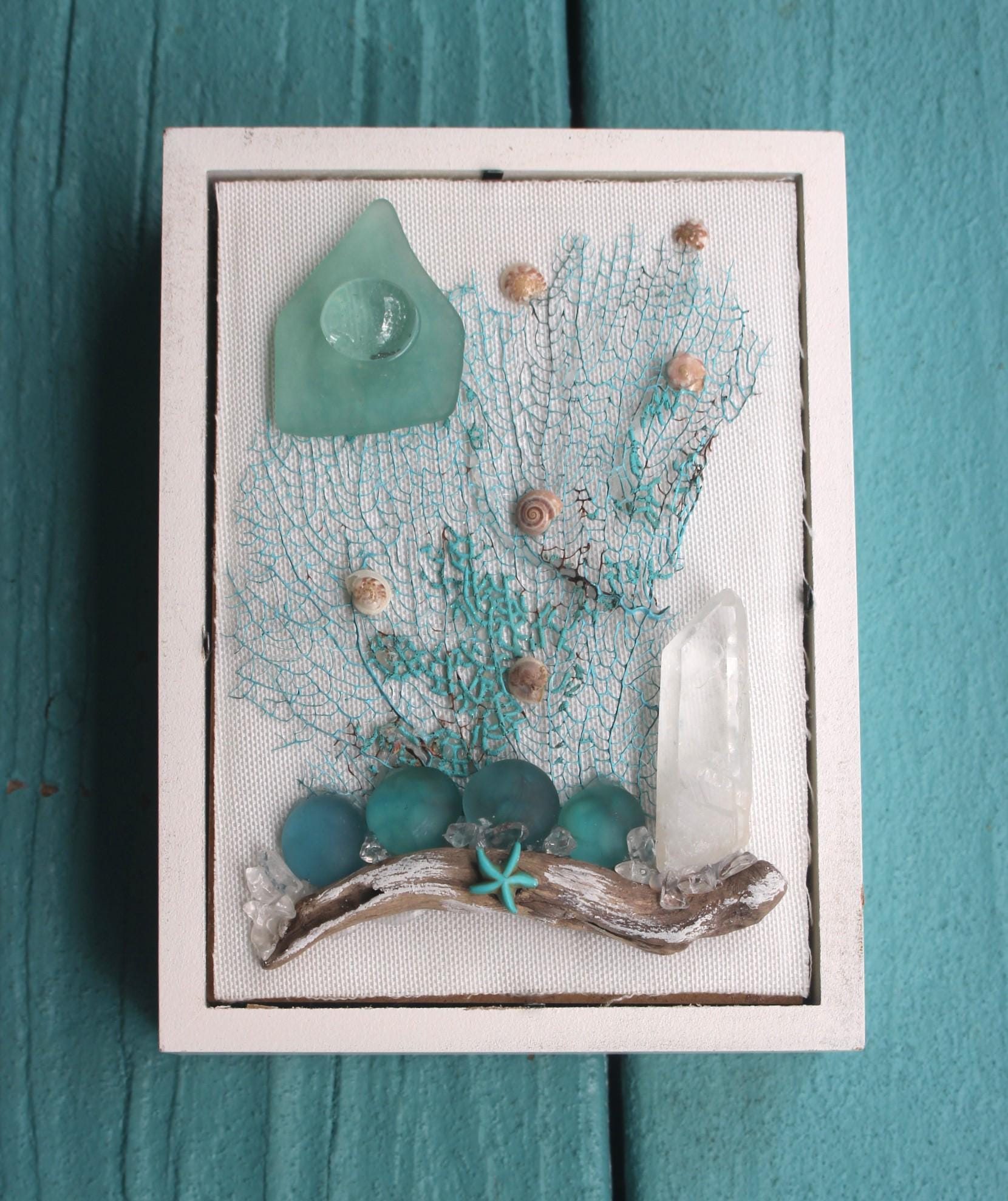 Ocean Themed Shadow Box, Handmade Shell Driftwood Coastal Home Décor. Island Life Art. Teal Sea Fan- Quartz Crystal Wall Décor, Sea Glass Art.