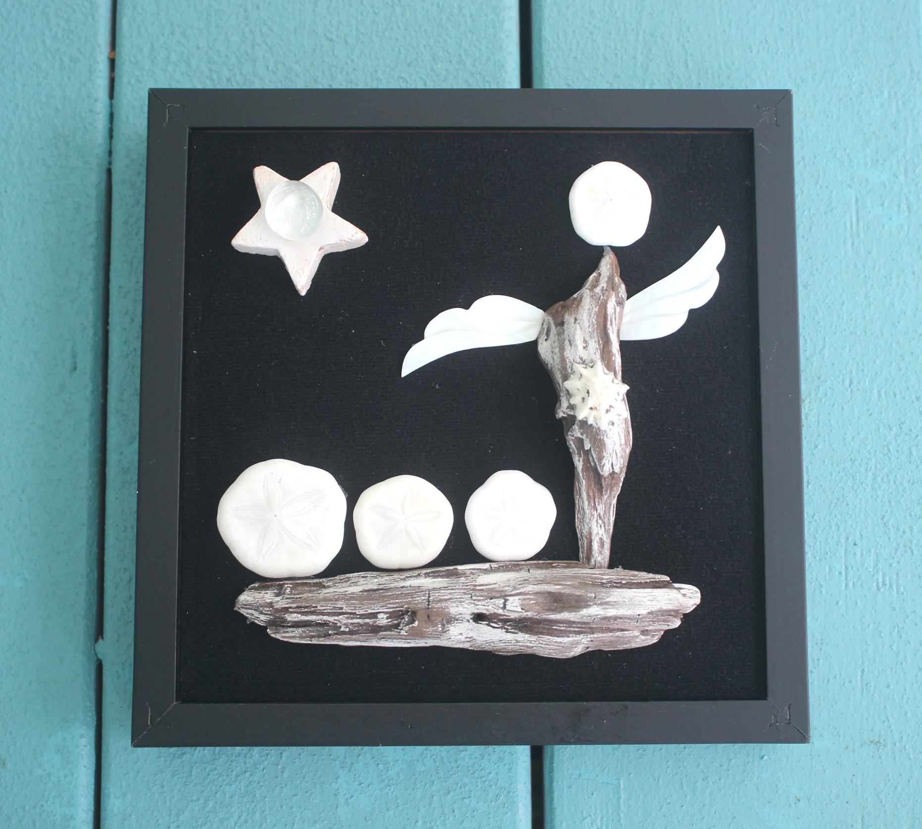 Nautical Themed Shadow Box, Handmade Shell Driftwood Inspirational Art. Sailboat with Angel Wings, Black and White Wall Décor.