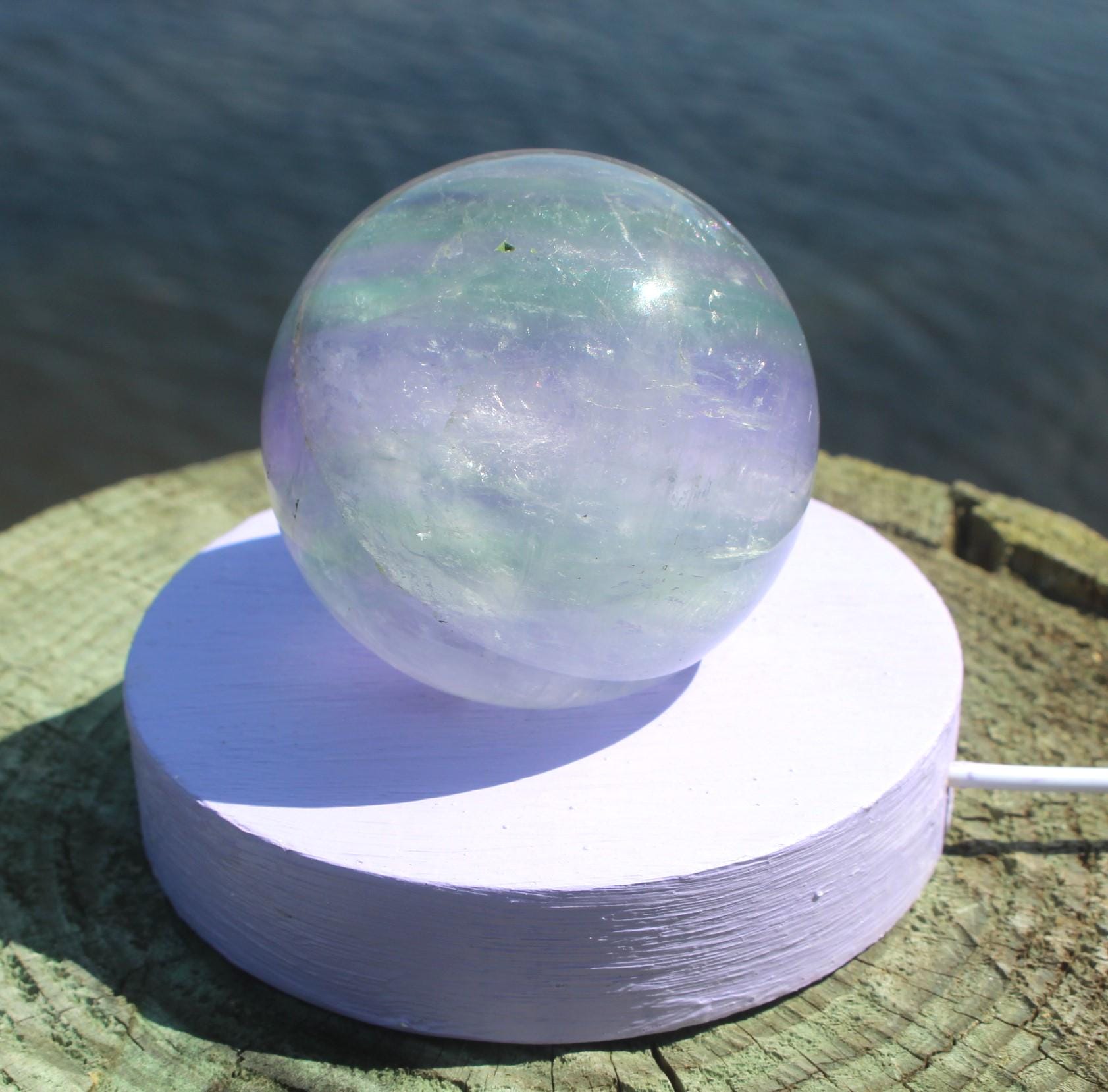 Fluorite Crystal Ball Night Light, Hand Painted Lavender Wooden Frame, LED Nite Lite USB plug. Coastal Home Decor