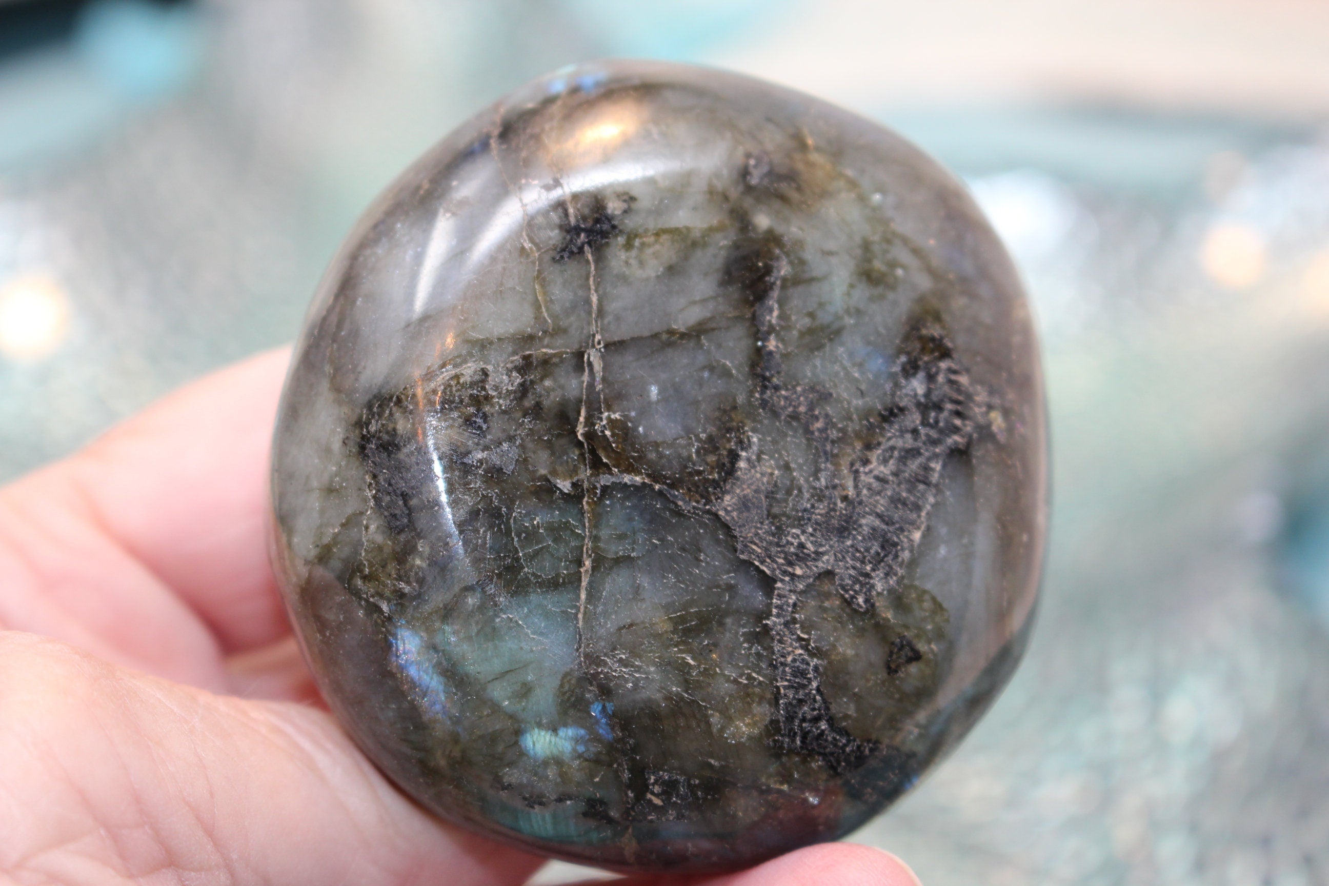 Labradorite Palm Stone, Blue Flash Polished Gemstone, Large Specimen of Labradorite Rock.6.1 oz.