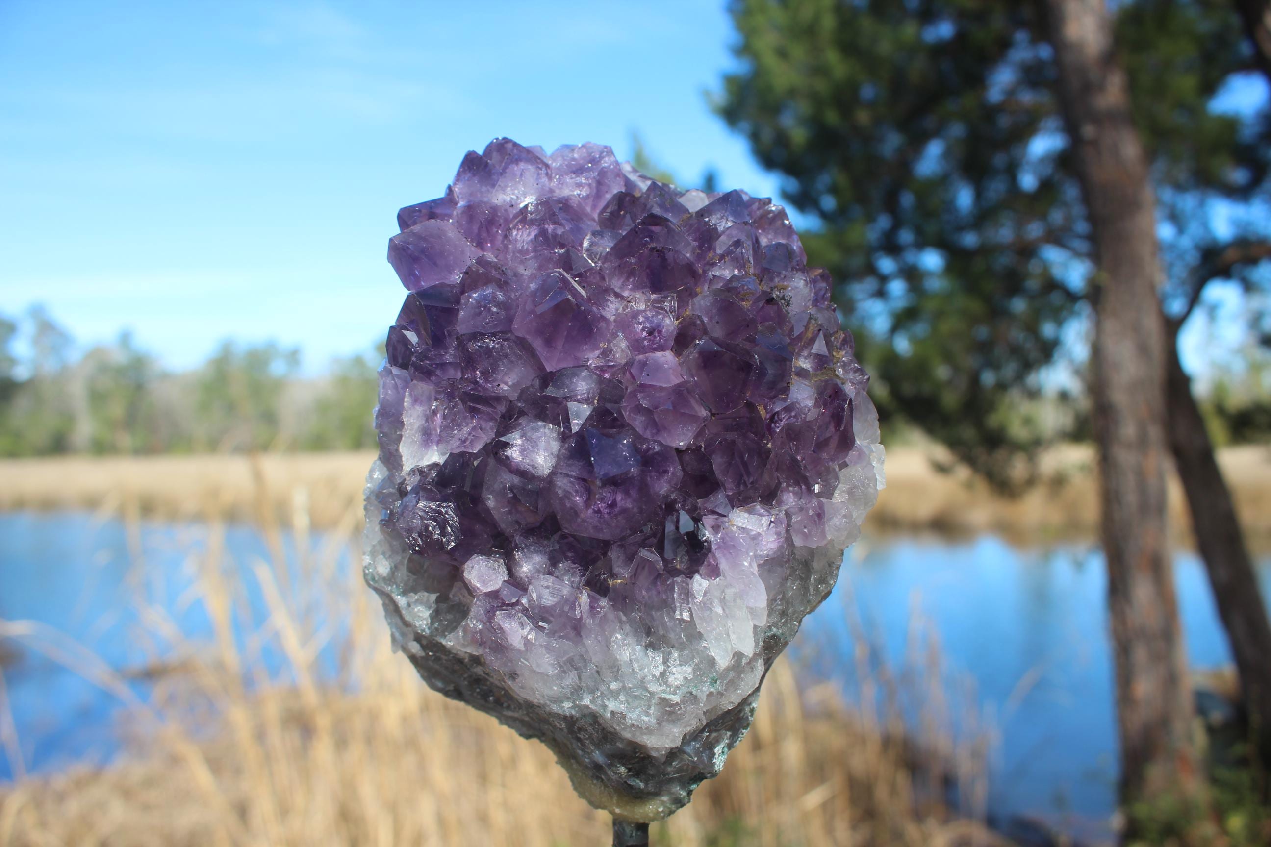 Amethyst Geode Crystal Cluster on Display Stand. Deep Purple Specimen. Large Amethyst Points, Meditation Room, Gemstone Display.