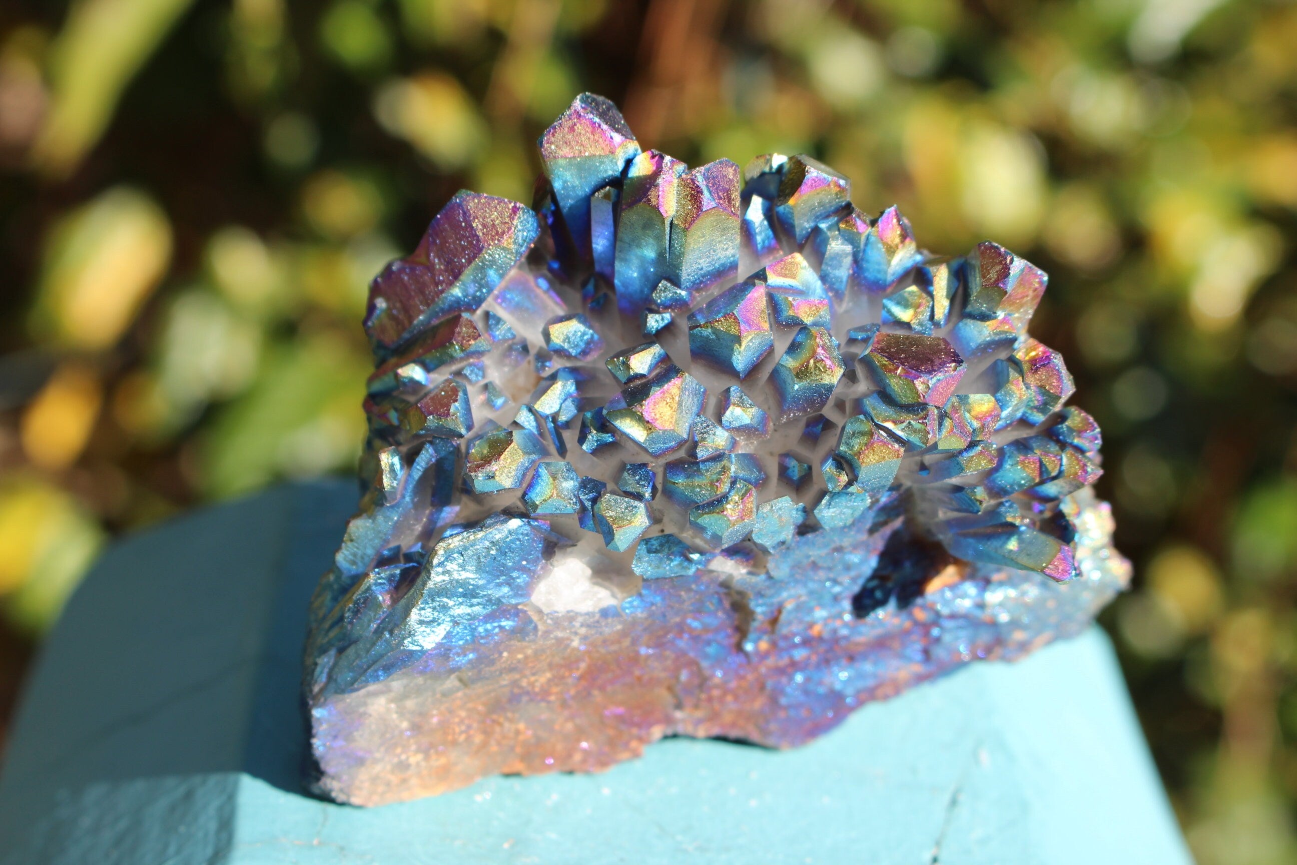 Titanium Aura Quartz Crystal Cluster, Large Rainbow Flame Angel Aura Quartz, Galactic Metallic Collectible. Free Shipping!