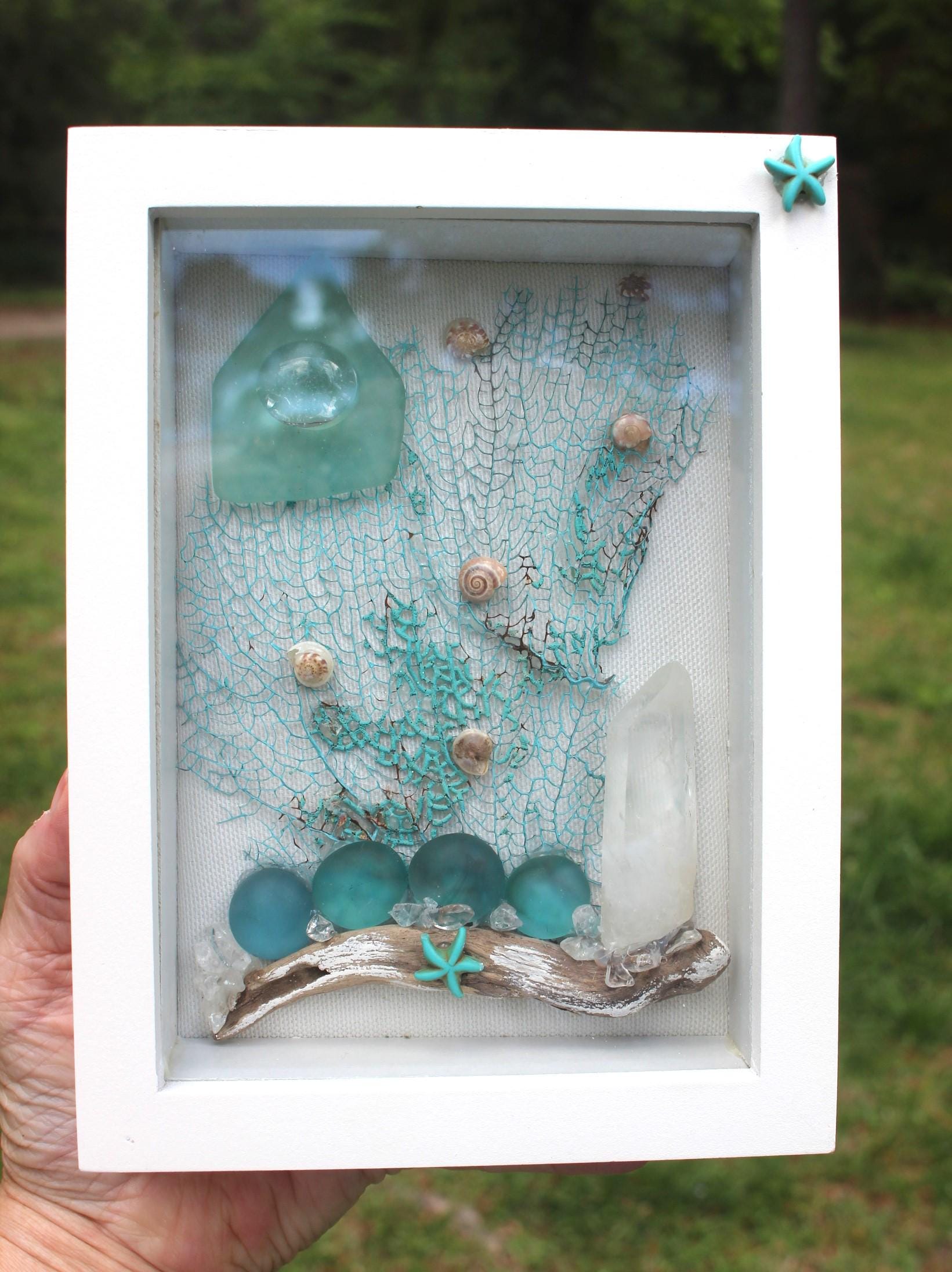 Ocean Themed Shadow Box, Handmade Shell Driftwood Coastal Home Décor. Island Life Art. Teal Sea Fan- Quartz Crystal Wall Décor, Sea Glass Art.