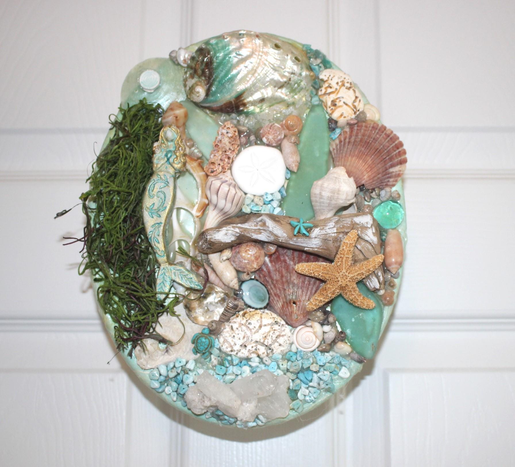 Shell Canvas Wall Art Décor, Original Mermaid Ocean Art w/ Driftwood, Handmade Island Life Sea Collage, Titled Maiden Voyage. 8 by 10 inch.