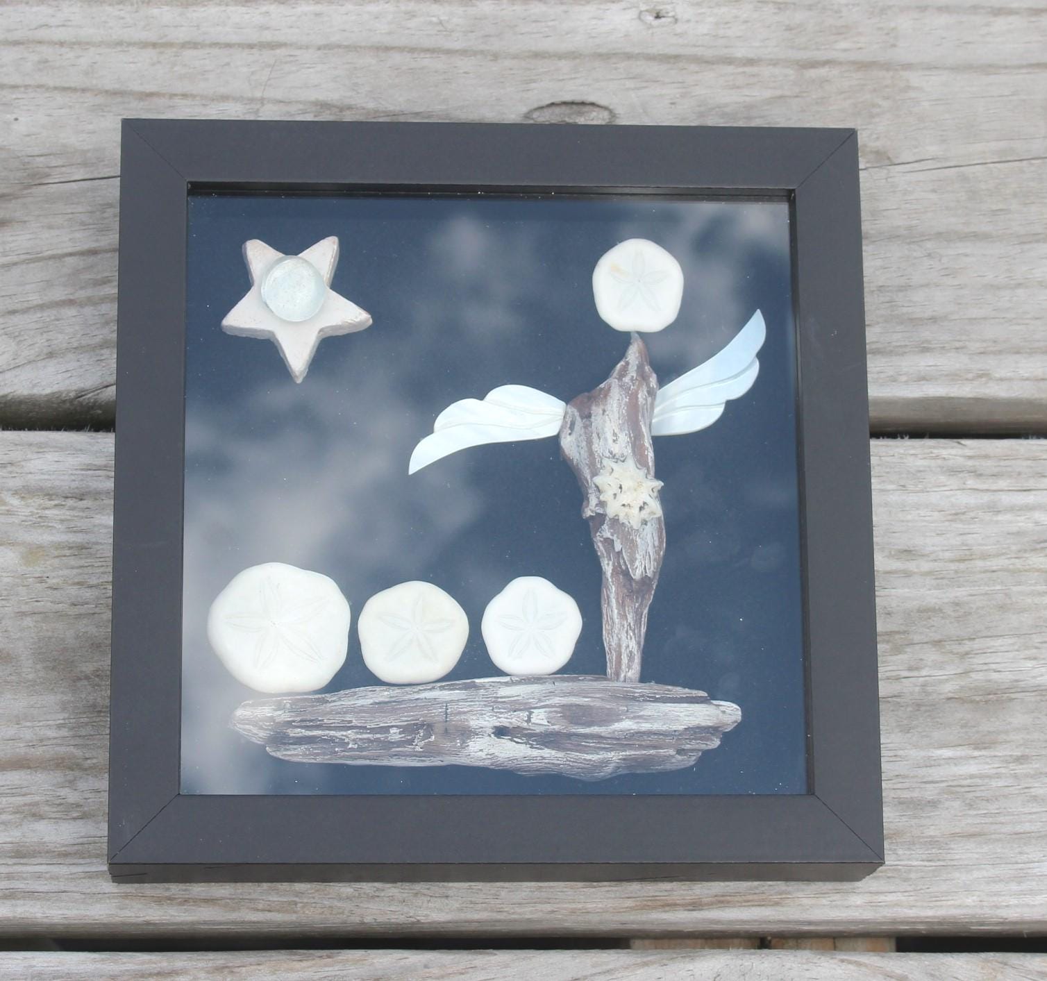 Nautical Themed Shadow Box, Handmade Shell Driftwood Inspirational Art. Sailboat with Angel Wings, Black and White Wall Décor.