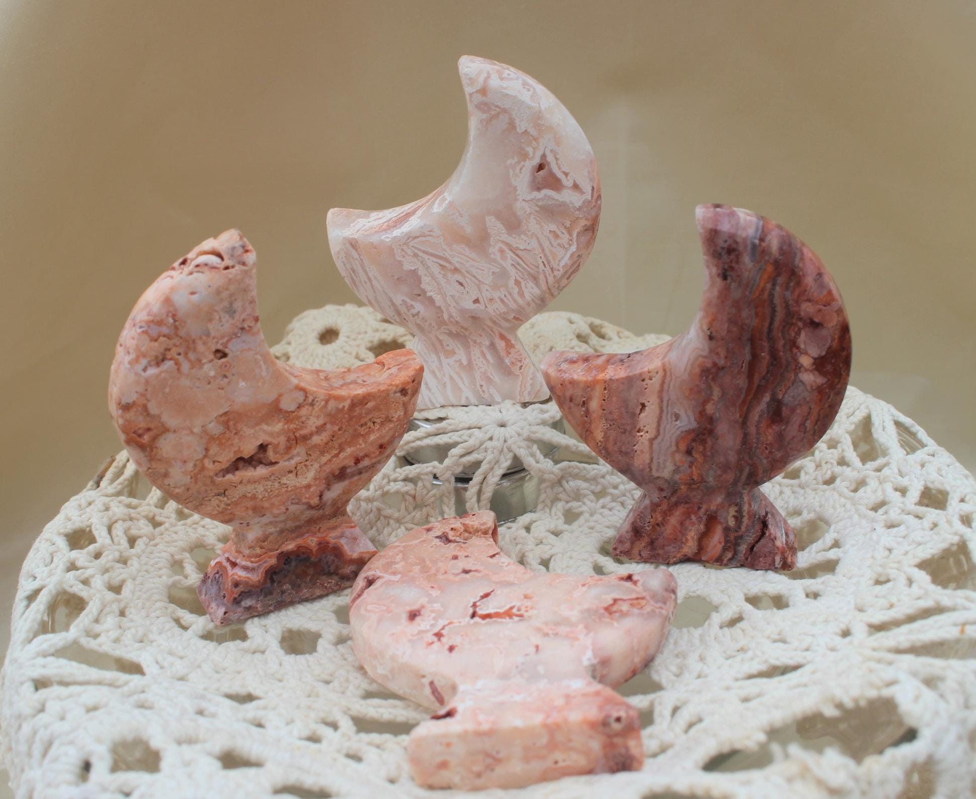 Crazy Lace Agate Moon Goddess Carvings Self Standing, Agate with Druzy Moon Figurines for Altars, Ceremonies and Spiritual Home Decor.
