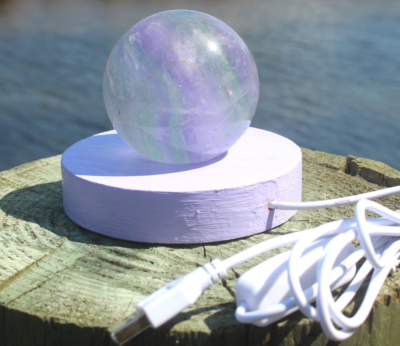 Fluorite Crystal Ball Night Light, Hand Painted Lavender Wooden Frame, LED Nite Lite USB plug. Coastal Home Decor