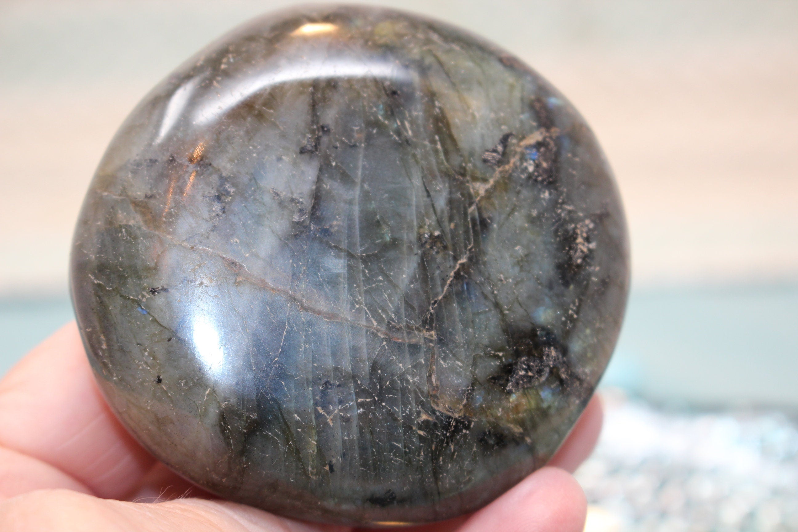 Labradorite Palm Stone, Blue Flash Polished Gemstone, Large Specimen of Labradorite Rock.6.1 oz.