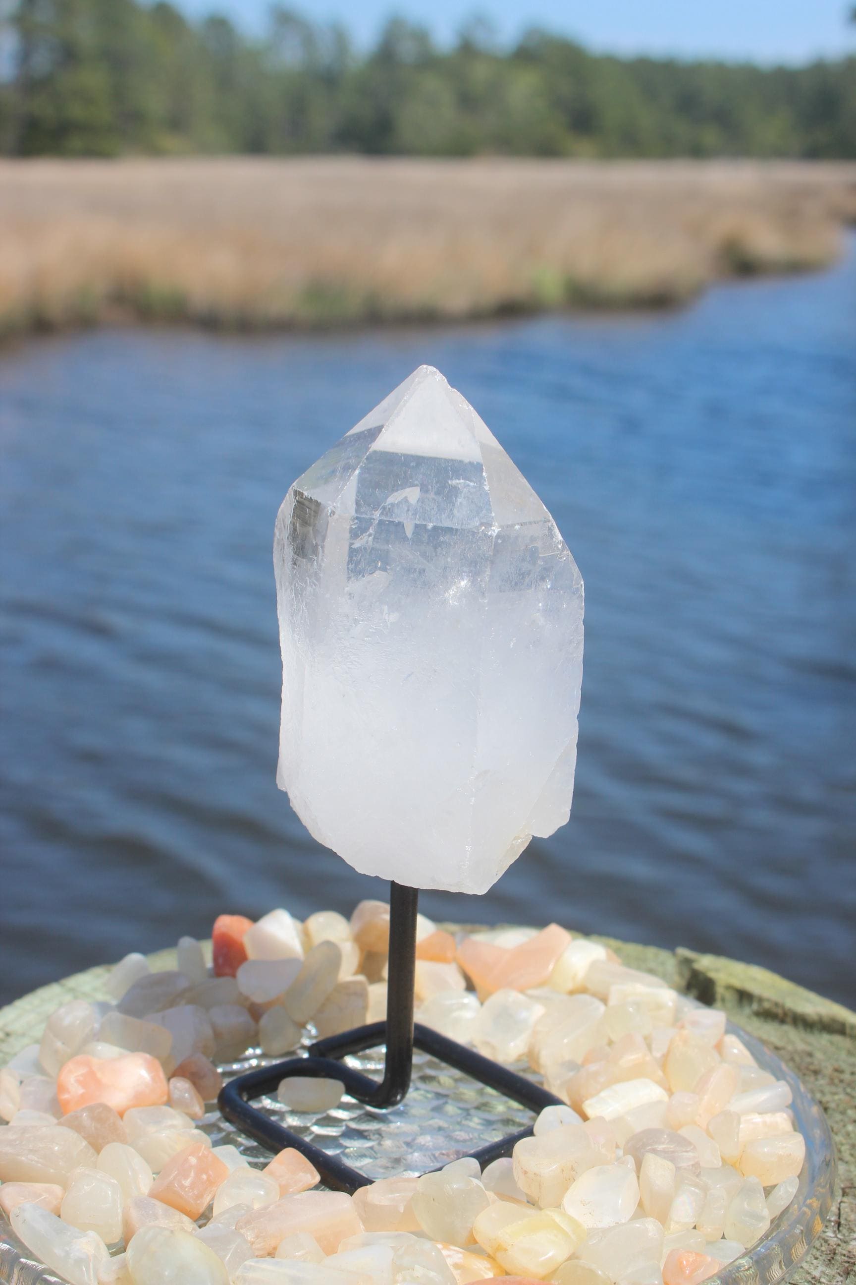 Large Quartz Crystal Cluster Point on Black Iron Display Stand, Raw Natural Specimen. Boho Home Décor, Yoga Meditation Rooms, Collections!