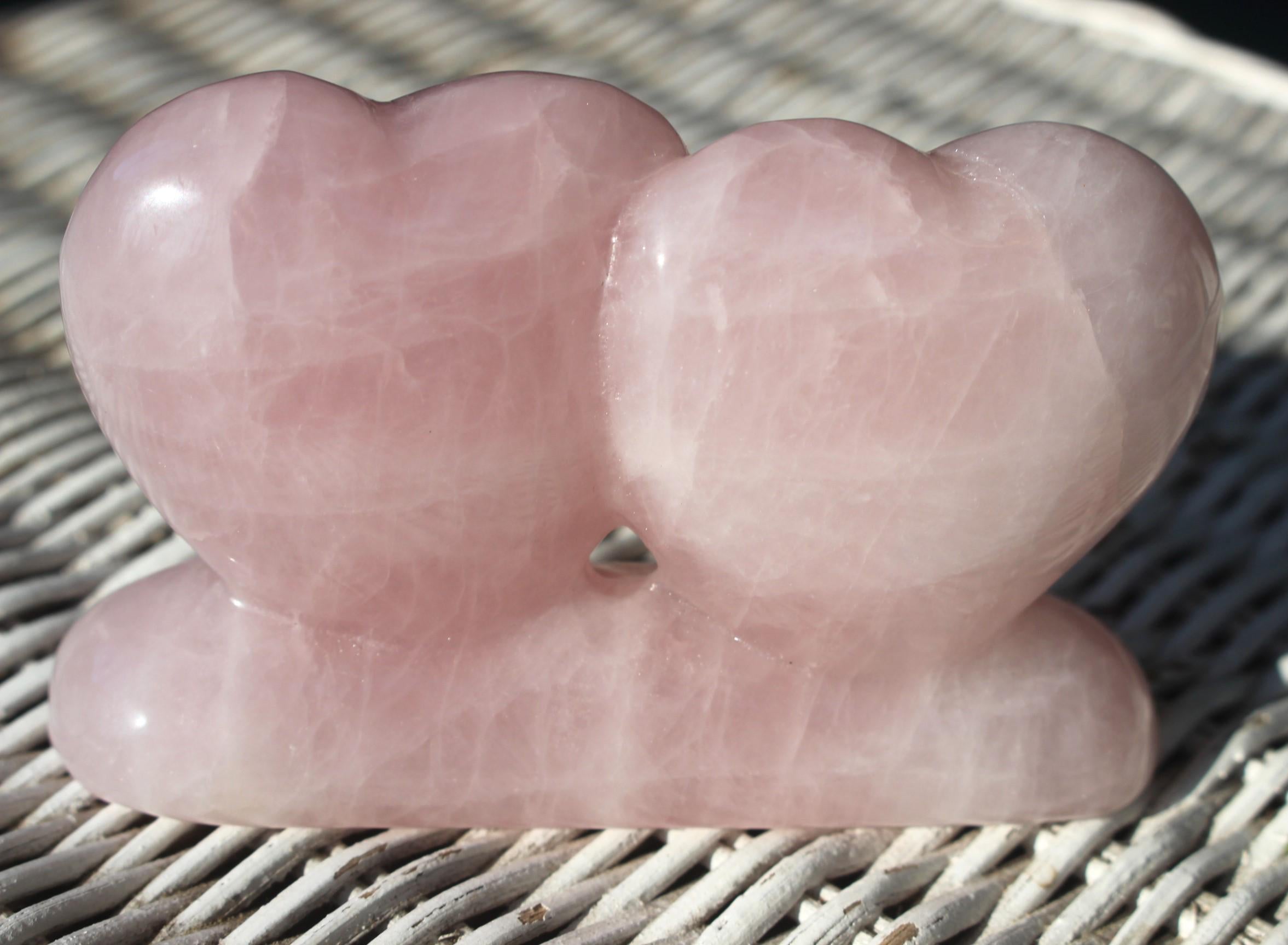Large Double Rose Quartz Heart Gift, Sweet Carved Pink Quartz Gemstone, Gift for someone special. Very Nice Polish!